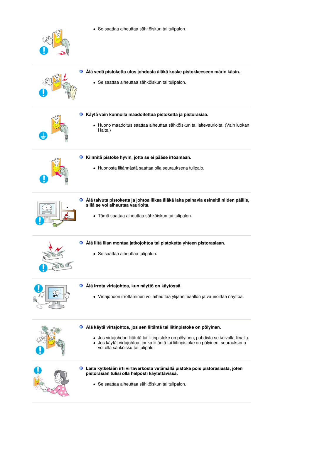 Samsung LS19DOVSS/EDC manual Käytä vain kunnolla maadoitettua pistoketta ja pistorasiaa 