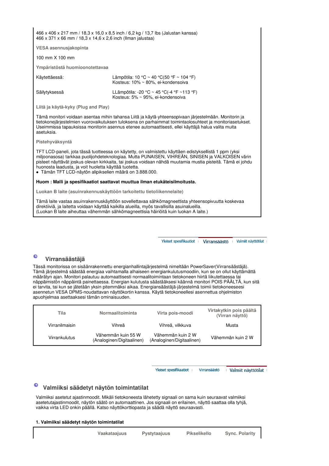 Samsung LS19DOVSS/EDC manual Virransäästäjä 