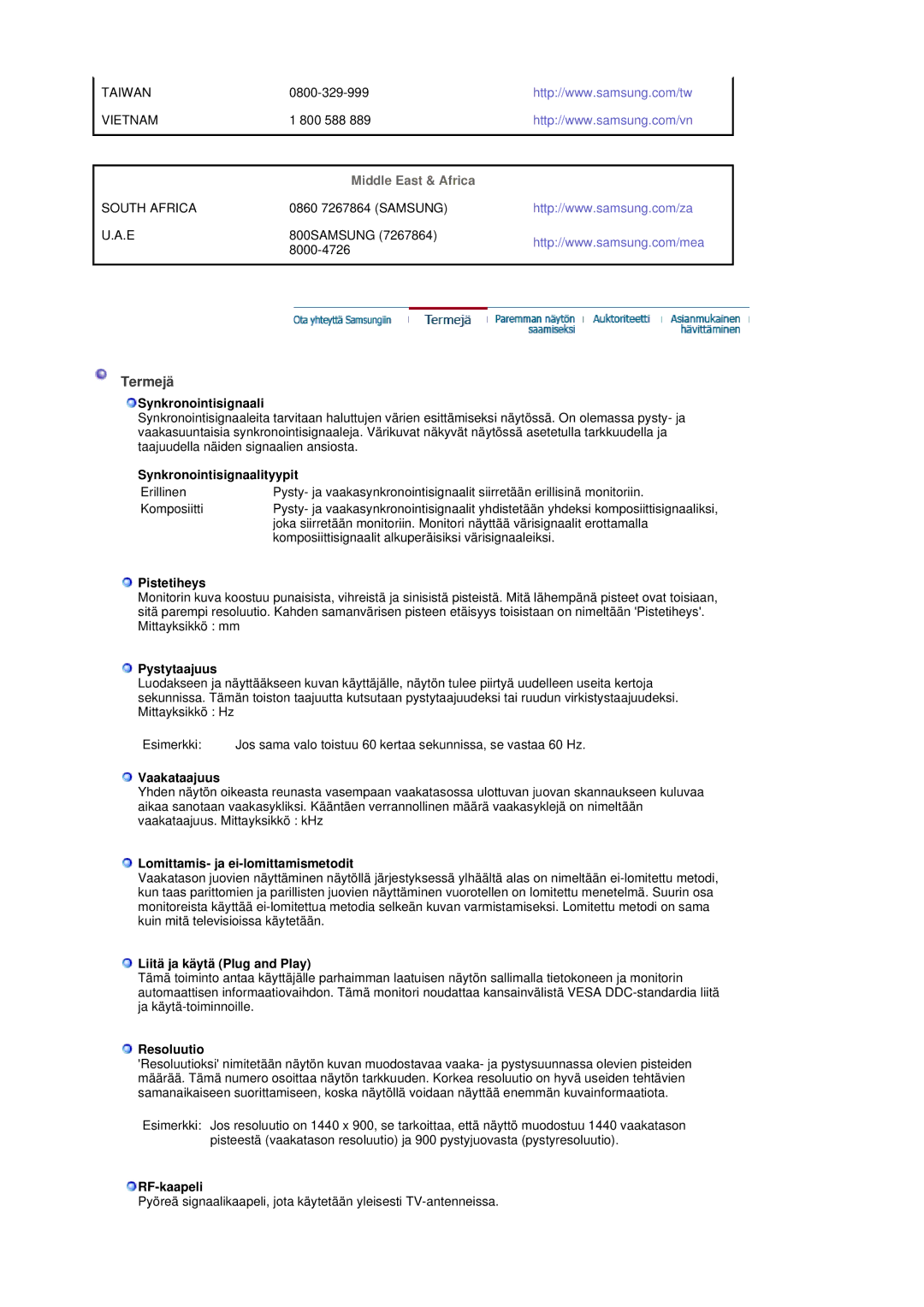 Samsung LS19DOVSS/EDC manual Termejä, Middle East & Africa 