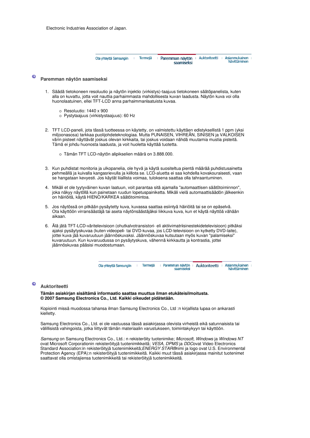 Samsung LS19DOVSS/EDC manual Paremman näytön saamiseksi, Auktoriteetti 