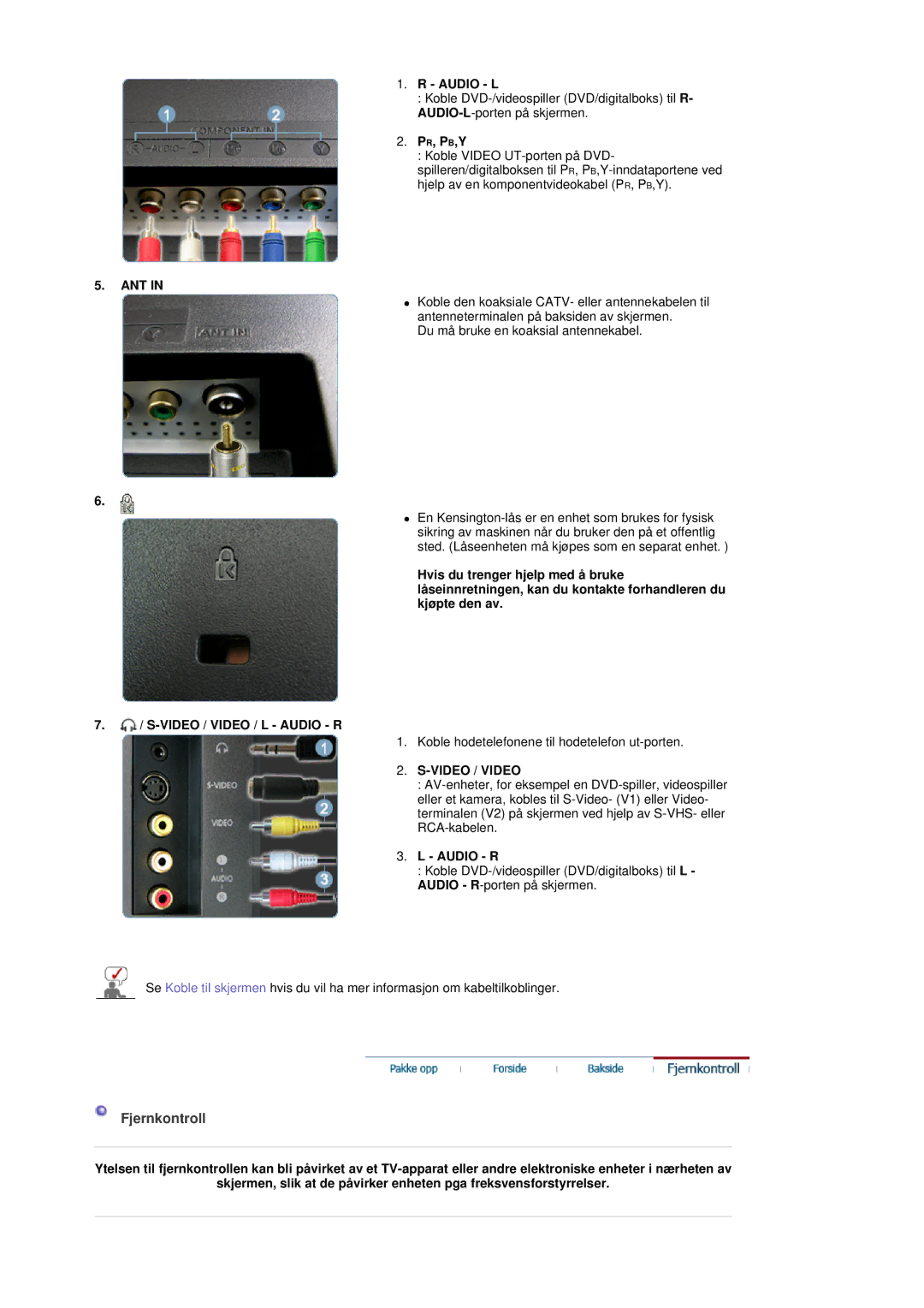 Samsung LS19DOVSS/EDC manual Fjernkontroll, Audio L, Pr, Pb,Y, Audio R 