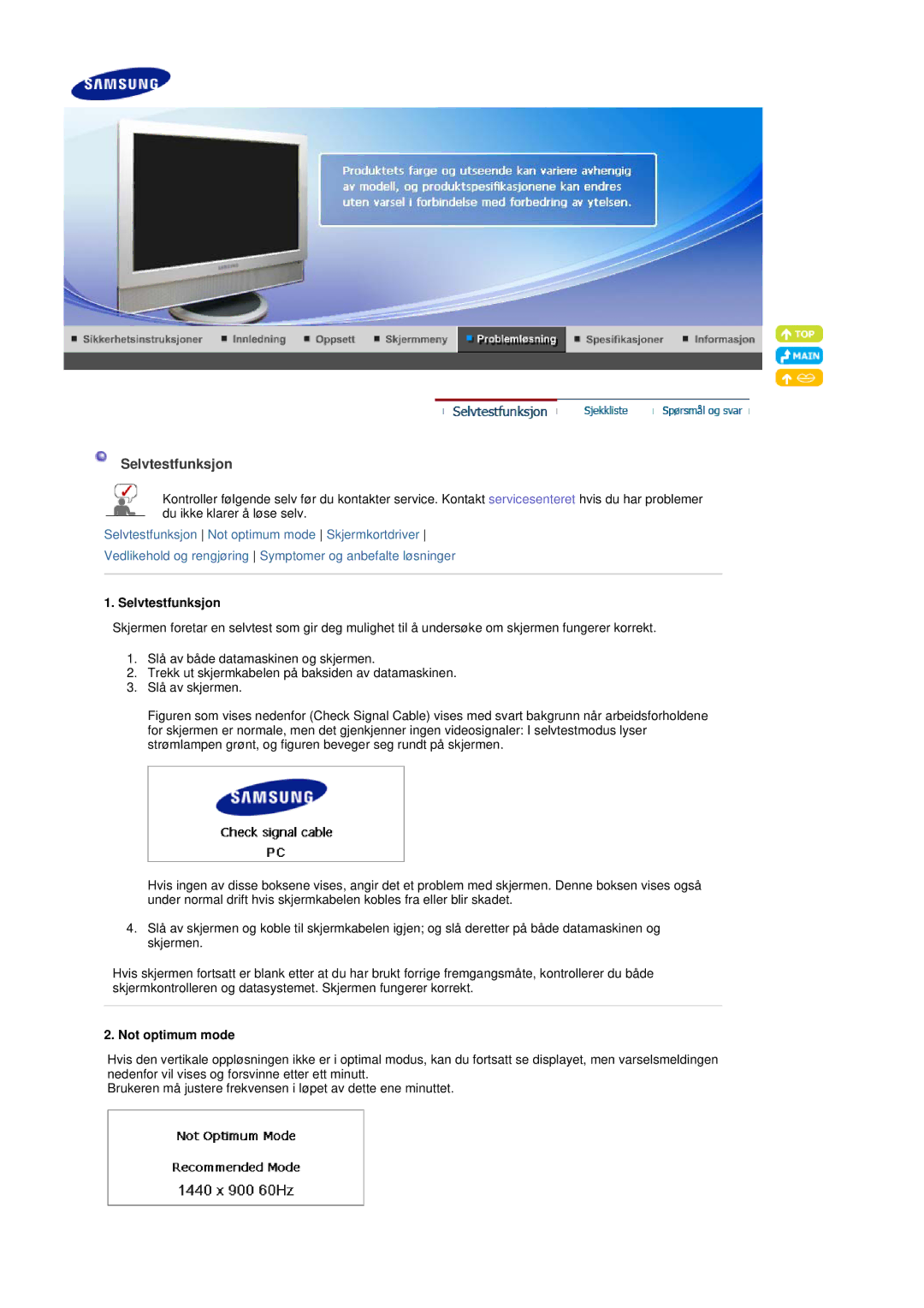 Samsung LS19DOVSS/EDC manual Selvtestfunksjon, Not optimum mode 