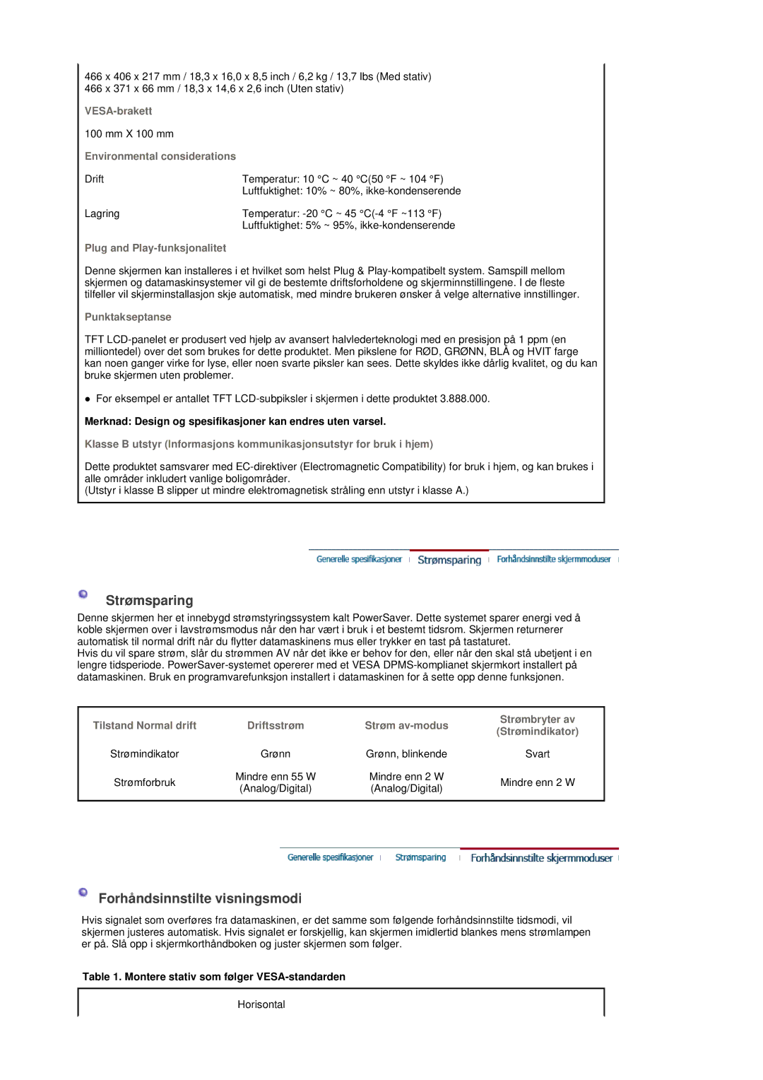 Samsung LS19DOVSS/EDC manual Strømsparing 