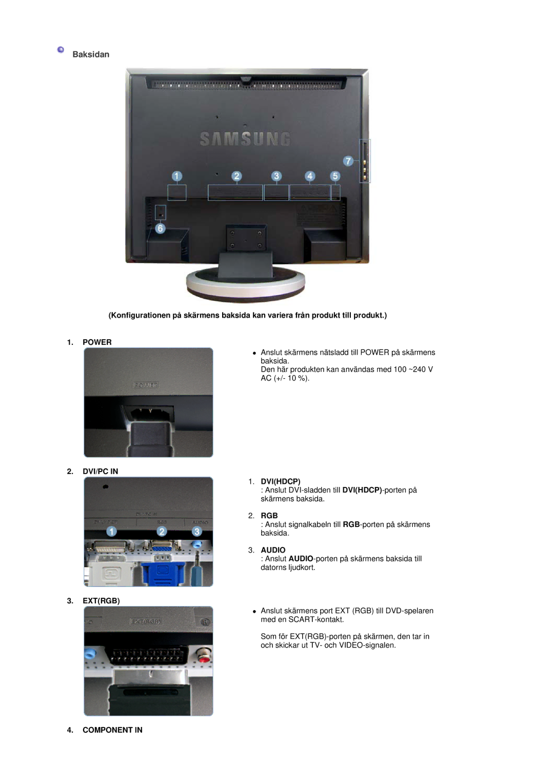 Samsung LS19DOVSS/EDC manual Baksidan, Power 