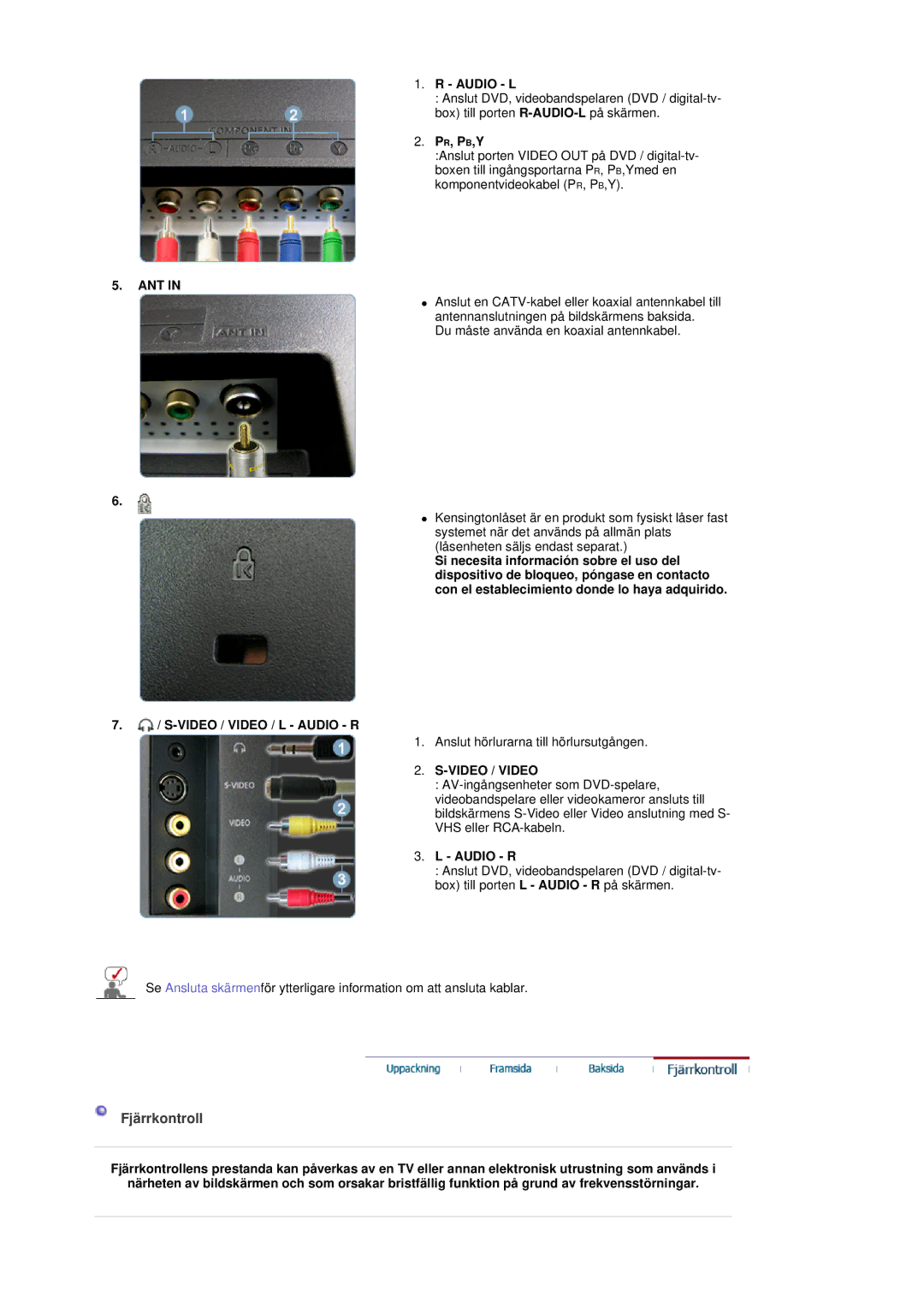 Samsung LS19DOVSS/EDC manual Fjärrkontroll, Audio L, Pr, Pb,Y, Video / Video / L Audio R 