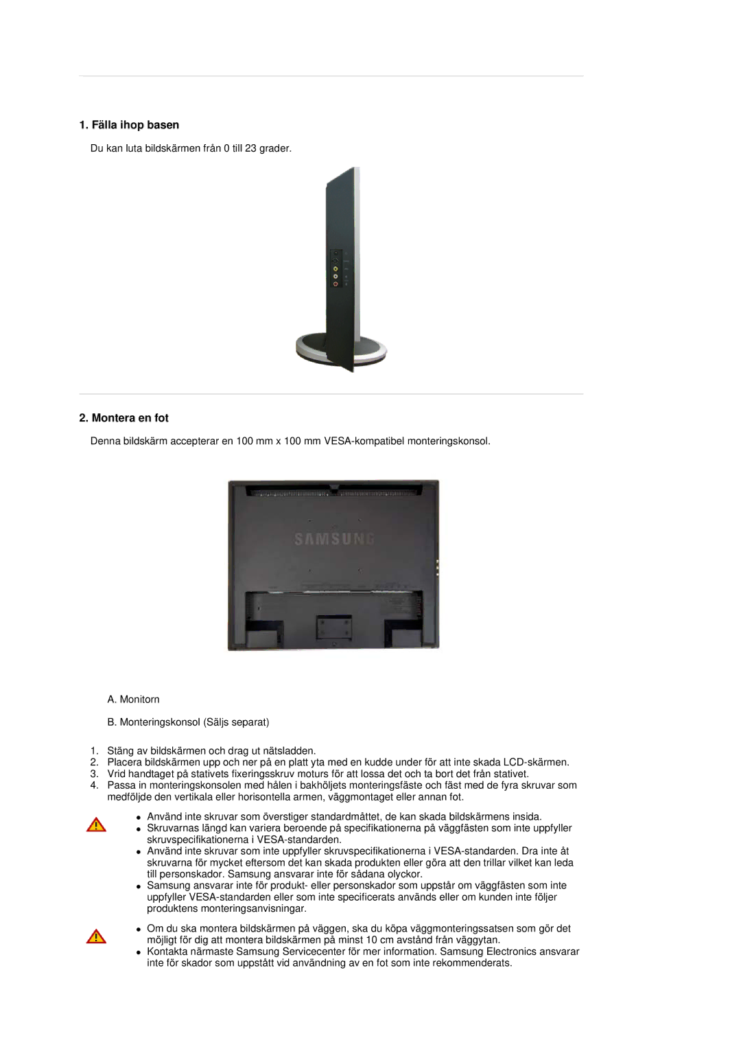 Samsung LS19DOVSS/EDC manual Fälla ihop basen, Montera en fot 