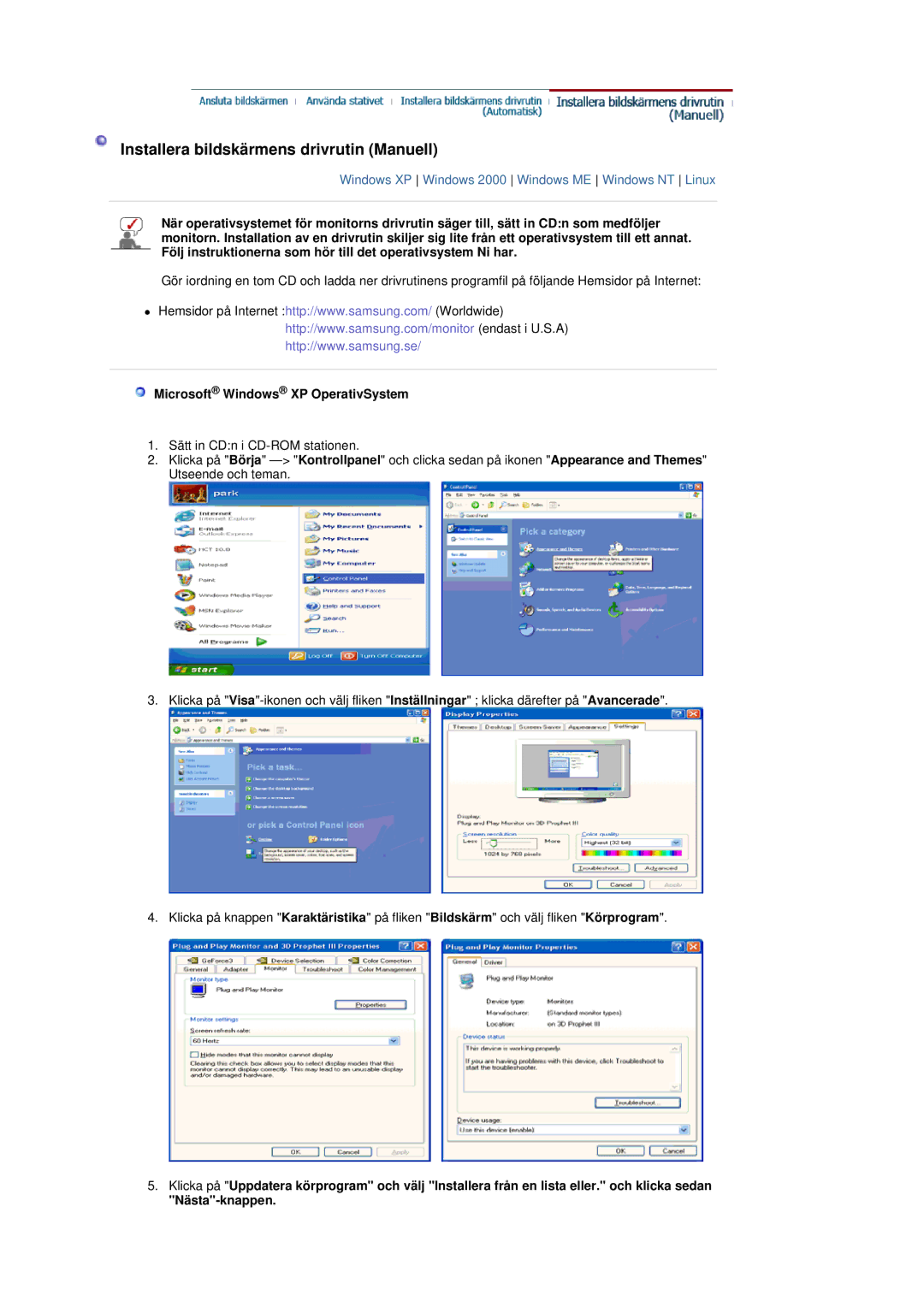 Samsung LS19DOVSS/EDC manual Installera bildskärmens drivrutin Manuell, Microsoft Windows XP OperativSystem 