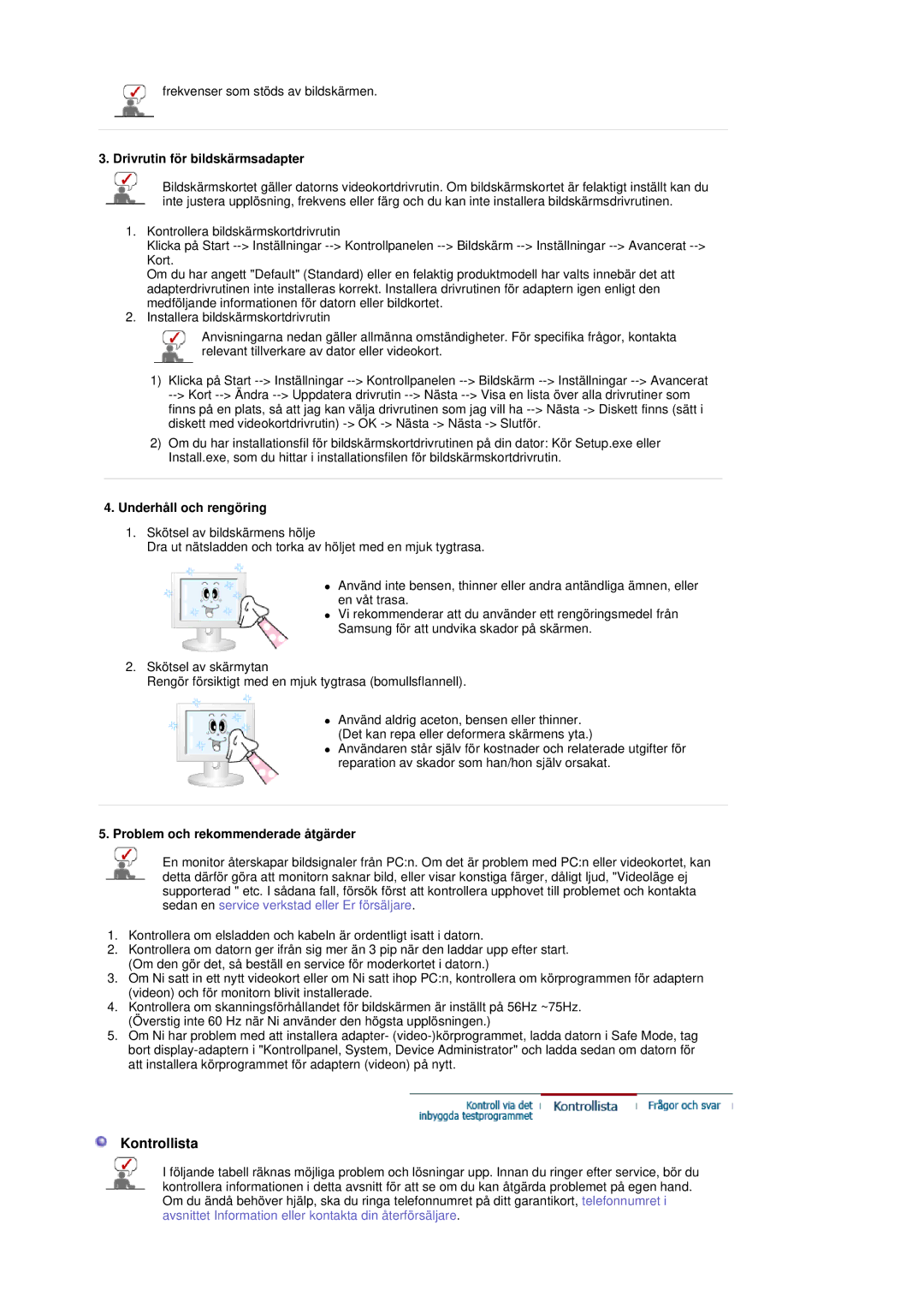 Samsung LS19DOVSS/EDC manual Kontrollista, Drivrutin för bildskärmsadapter, Underhåll och rengöring 