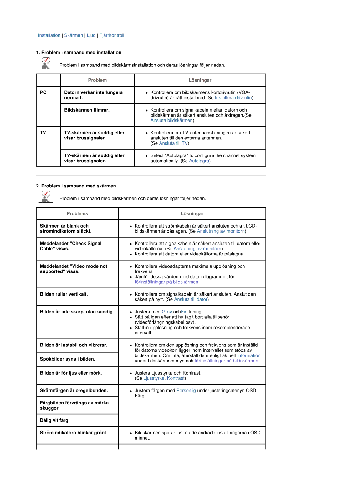 Samsung LS19DOVSS/EDC manual Problem Lösningar, Problems 