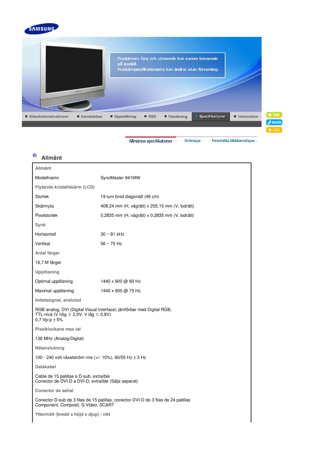 Samsung LS19DOVSS/EDC manual Allmänt, Flytande kristallskärm LCD, Synk, Antal färger, Upplösning, Indatasignal, avslutad 