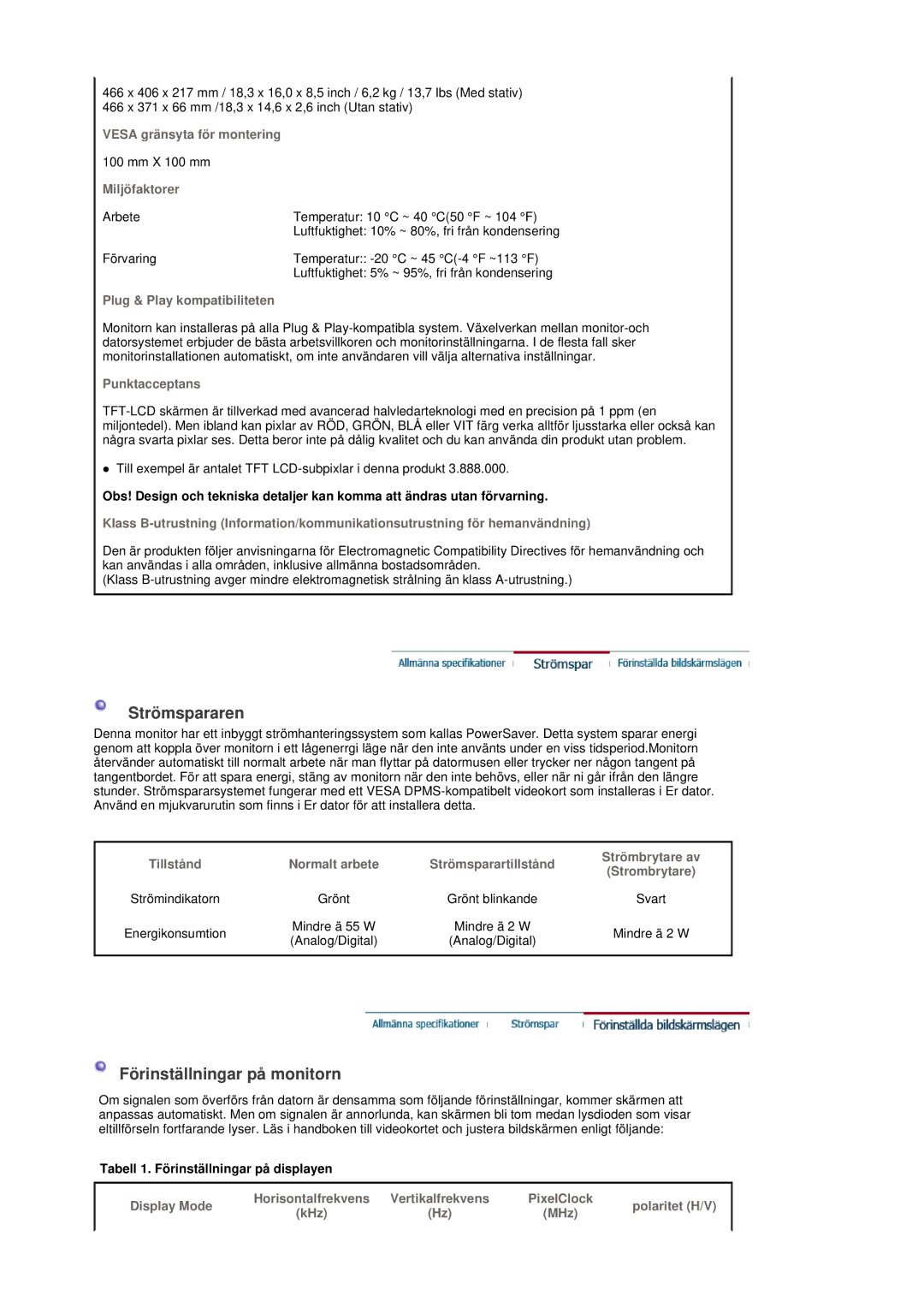 Samsung LS19DOVSS/EDC manual Vesa gränsyta för montering, Miljöfaktorer, Plug & Play kompatibiliteten, Punktacceptans 