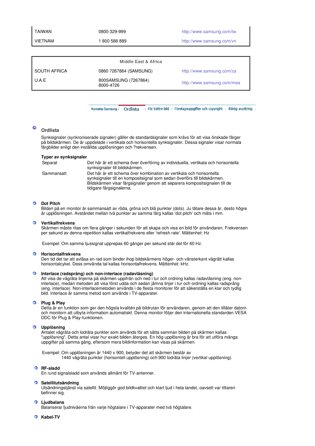 Samsung LS19DOVSS/EDC manual Ordlista, Middle East & Africa 