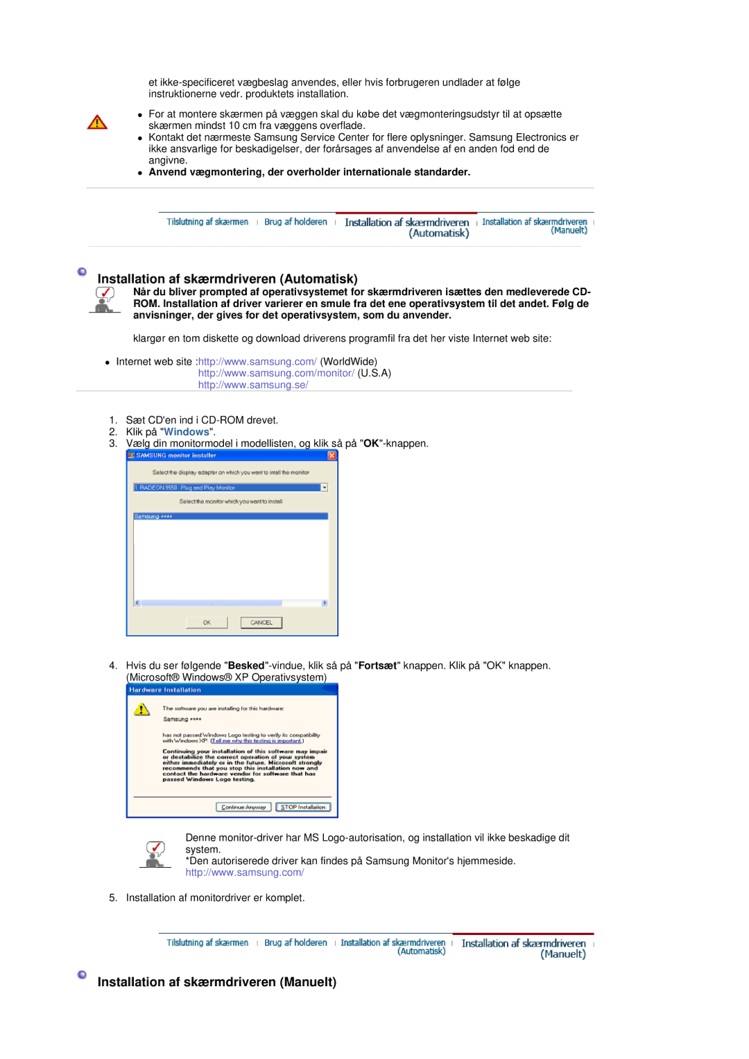 Samsung LS19DOVSS/EDC manual Installation af skærmdriveren Automatisk 