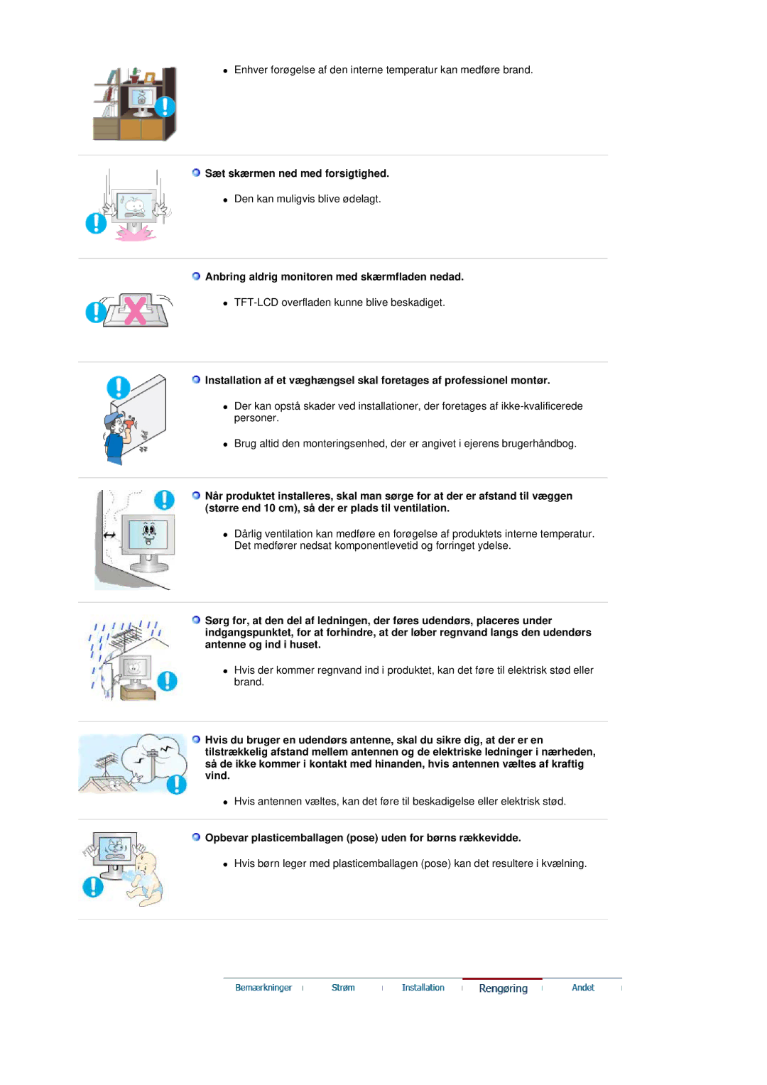 Samsung LS19DOVSS/EDC manual Sæt skærmen ned med forsigtighed, Anbring aldrig monitoren med skærmfladen nedad 