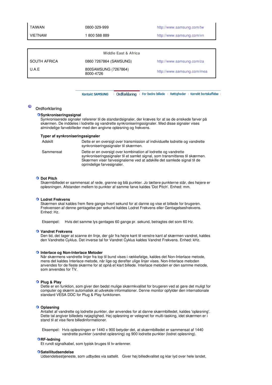 Samsung LS19DOVSS/EDC manual Ordforklaring, Middle East & Africa 