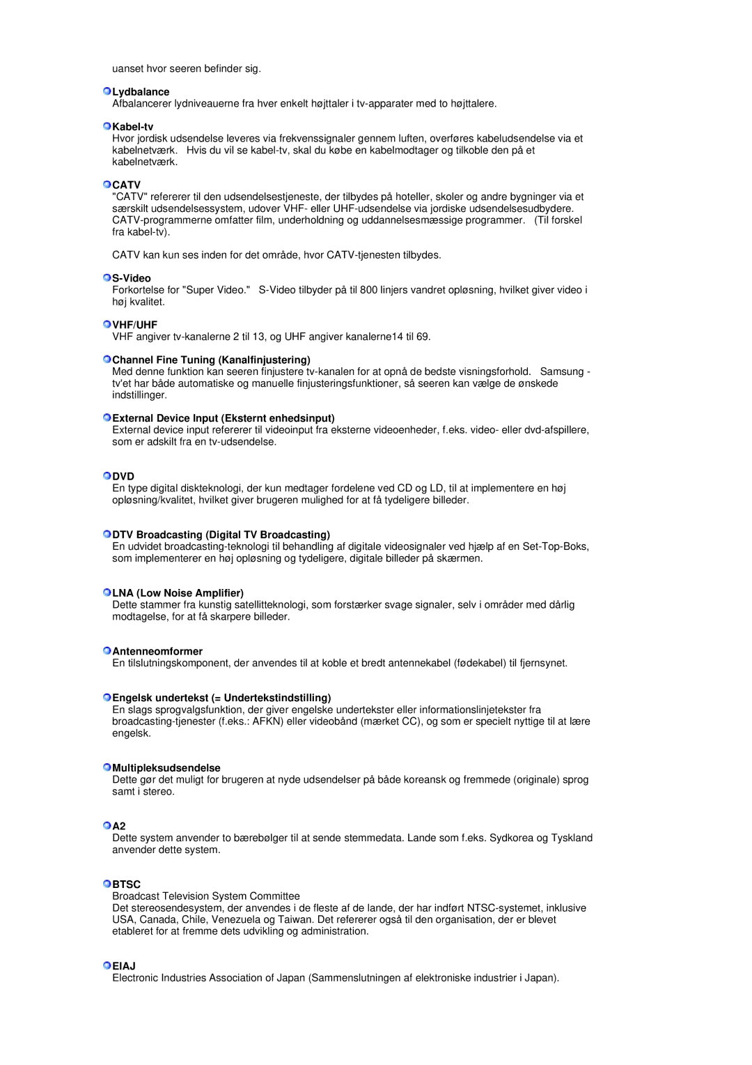 Samsung LS19DOVSS/EDC manual Lydbalance, Kabel-tv, Channel Fine Tuning Kanalfinjustering, LNA Low Noise Amplifier 