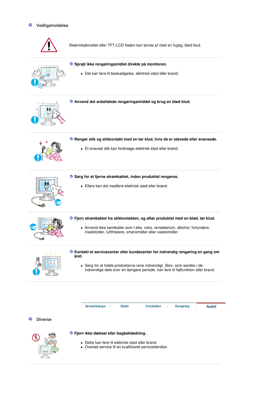 Samsung LS19DOVSS/EDC manual Vedligeholdelse, Diverse, Sprøjt ikke rengøringsmidlet direkte på monitoren 