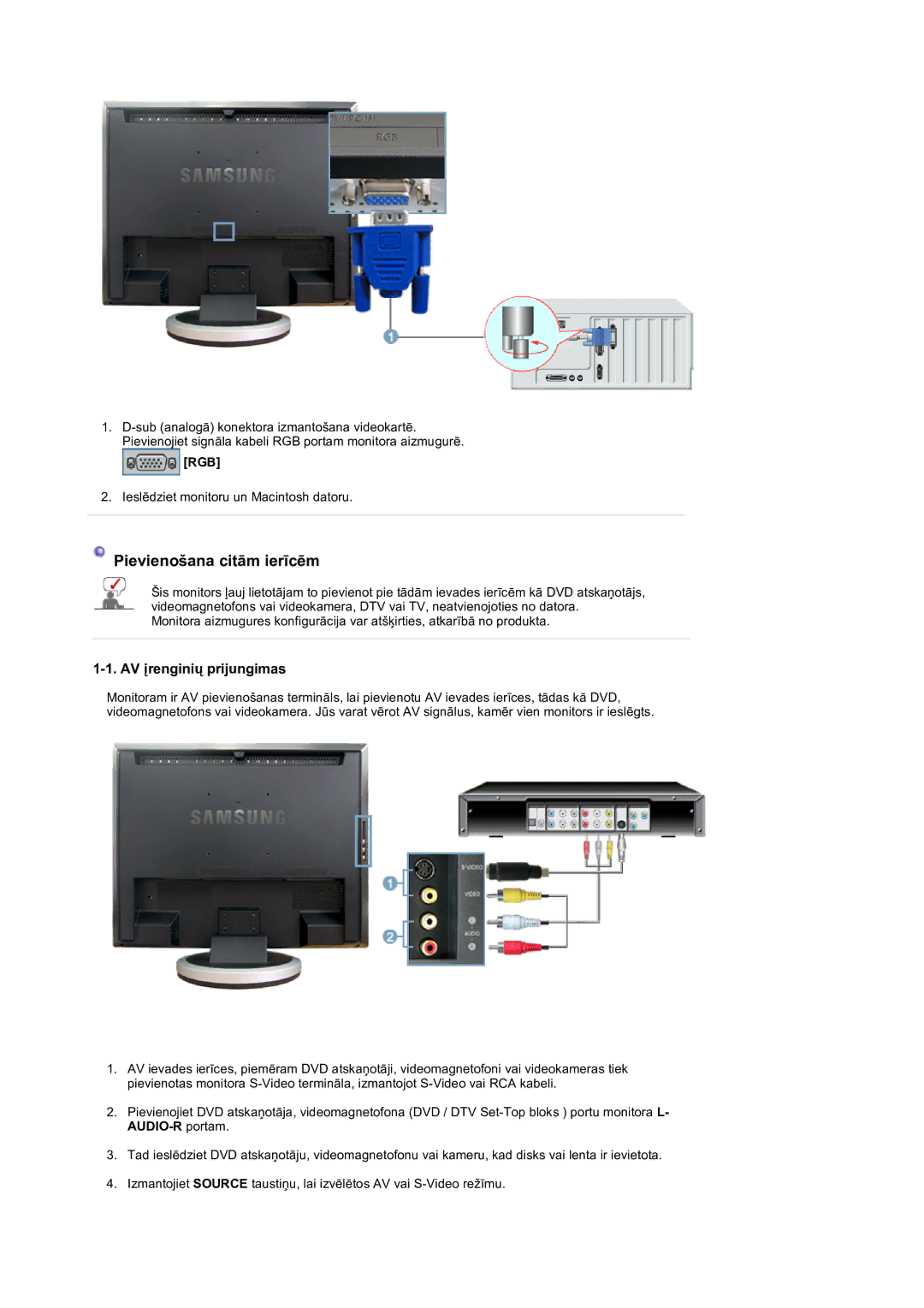 Samsung LS19DOVSS/EDC manual Pievienošana citām ierīcēm, AV įrenginių prijungimas 