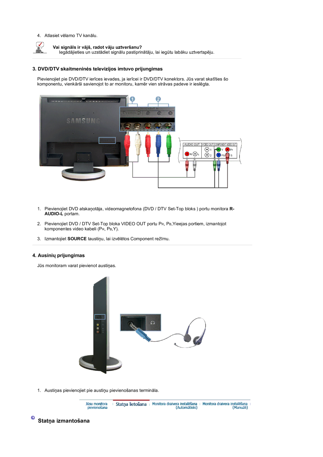 Samsung LS19DOVSS/EDC manual DVD/DTV skaitmeninės televizijos imtuvo prijungimas, Ausinių prijungimas 