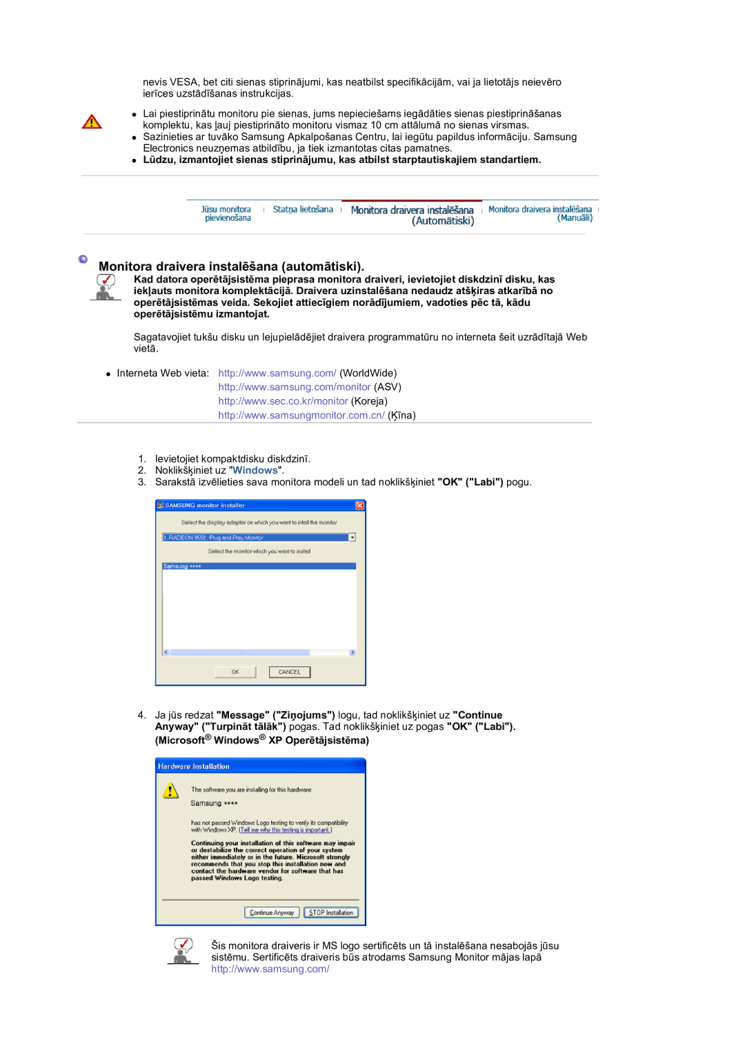 Samsung LS19DOVSS/EDC manual Monitora draivera instalēšana automātiski 