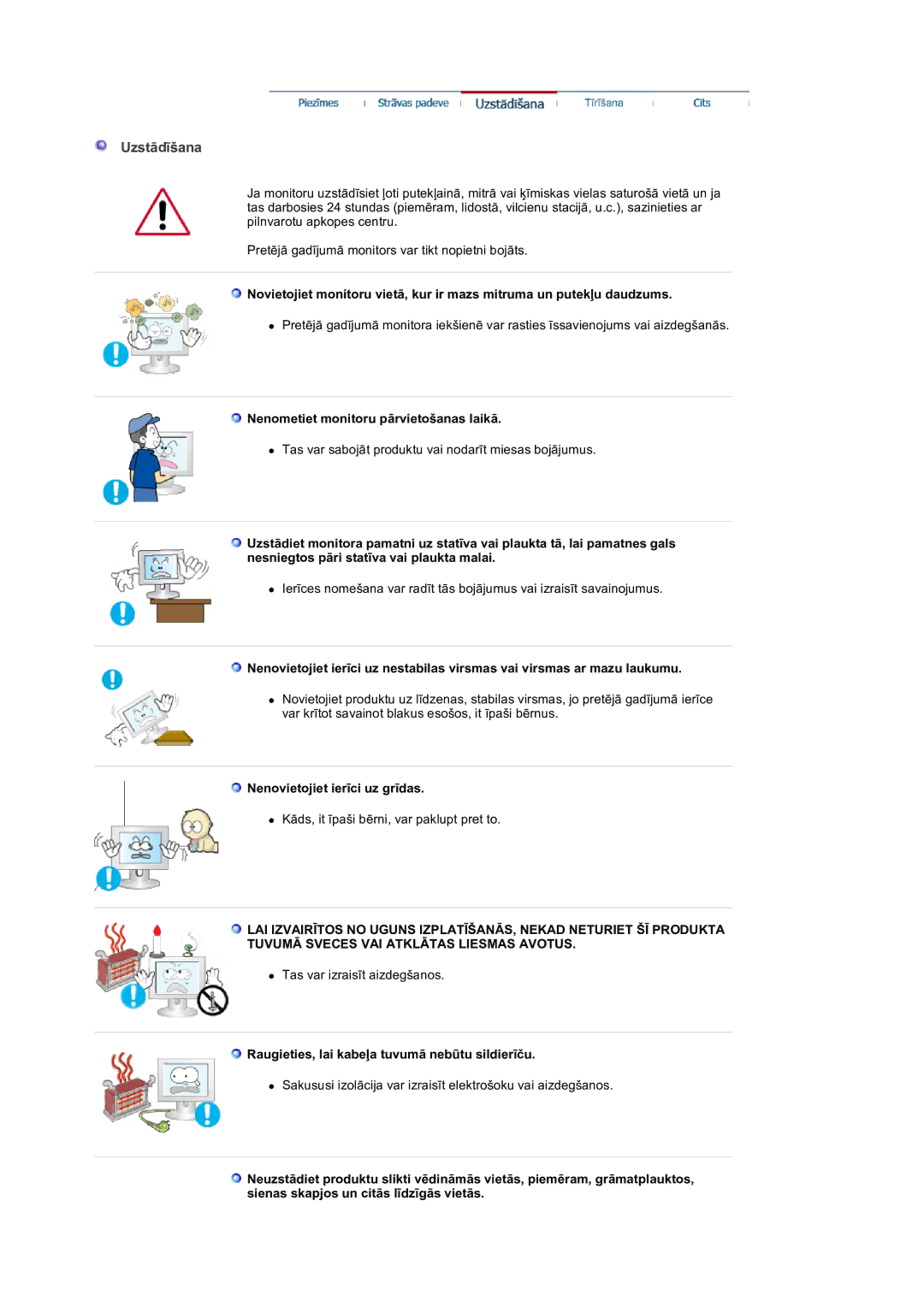 Samsung LS19DOVSS/EDC manual Uzstādīšana, Nenometiet monitoru pārvietošanas laikā, Nenovietojiet ierīci uz grīdas 