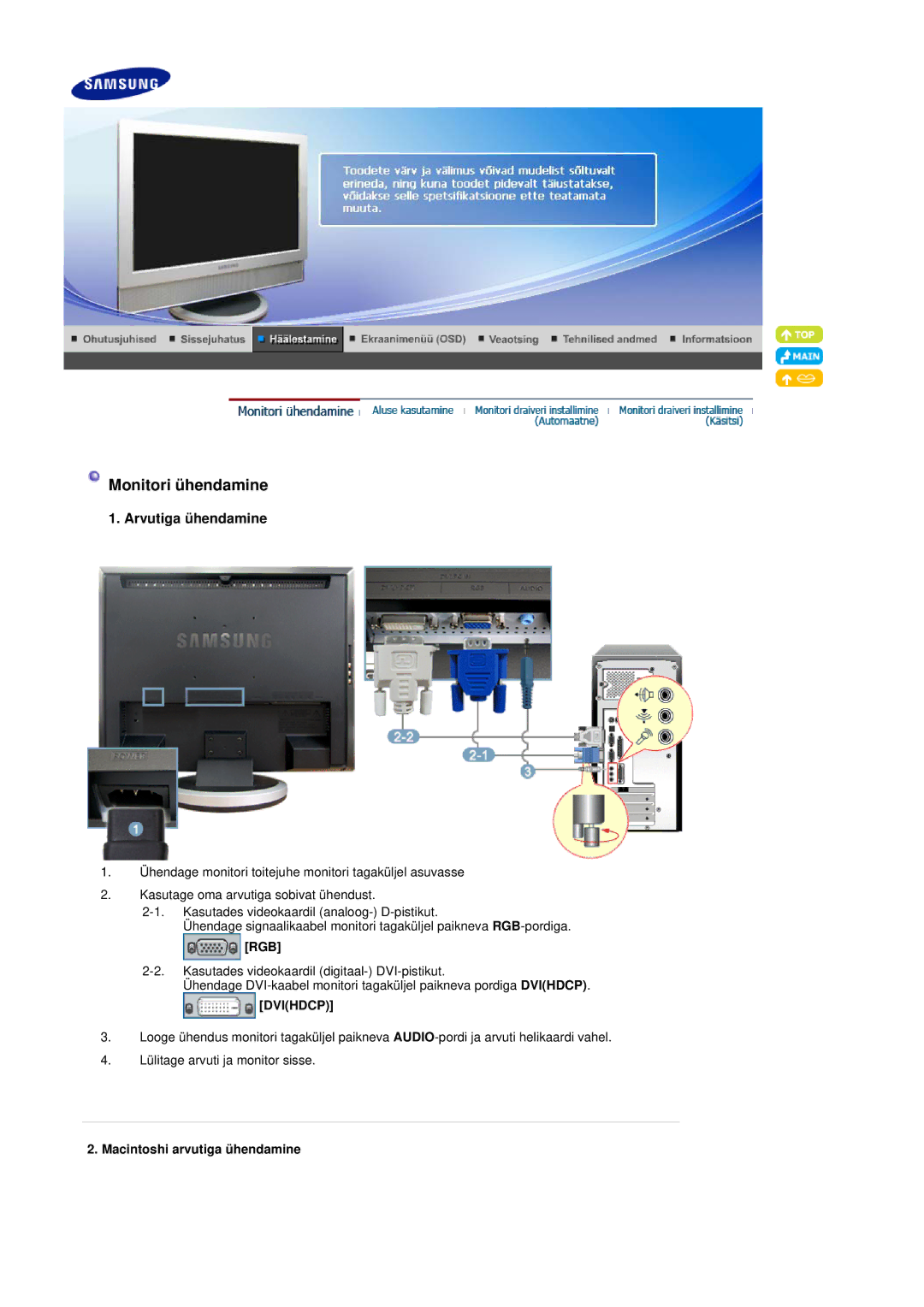 Samsung LS19DOVSS/EDC manual Arvutiga ühendamine, Macintoshi arvutiga ühendamine 