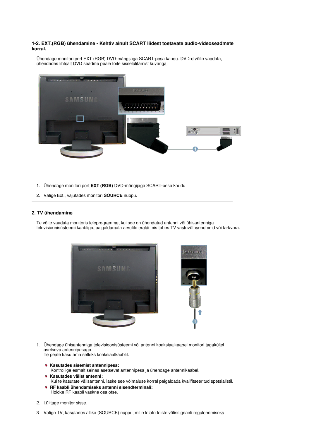 Samsung LS19DOVSS/EDC manual TV ühendamine, Kasutades sisemist antennipesa, Kasutades välist antenni 