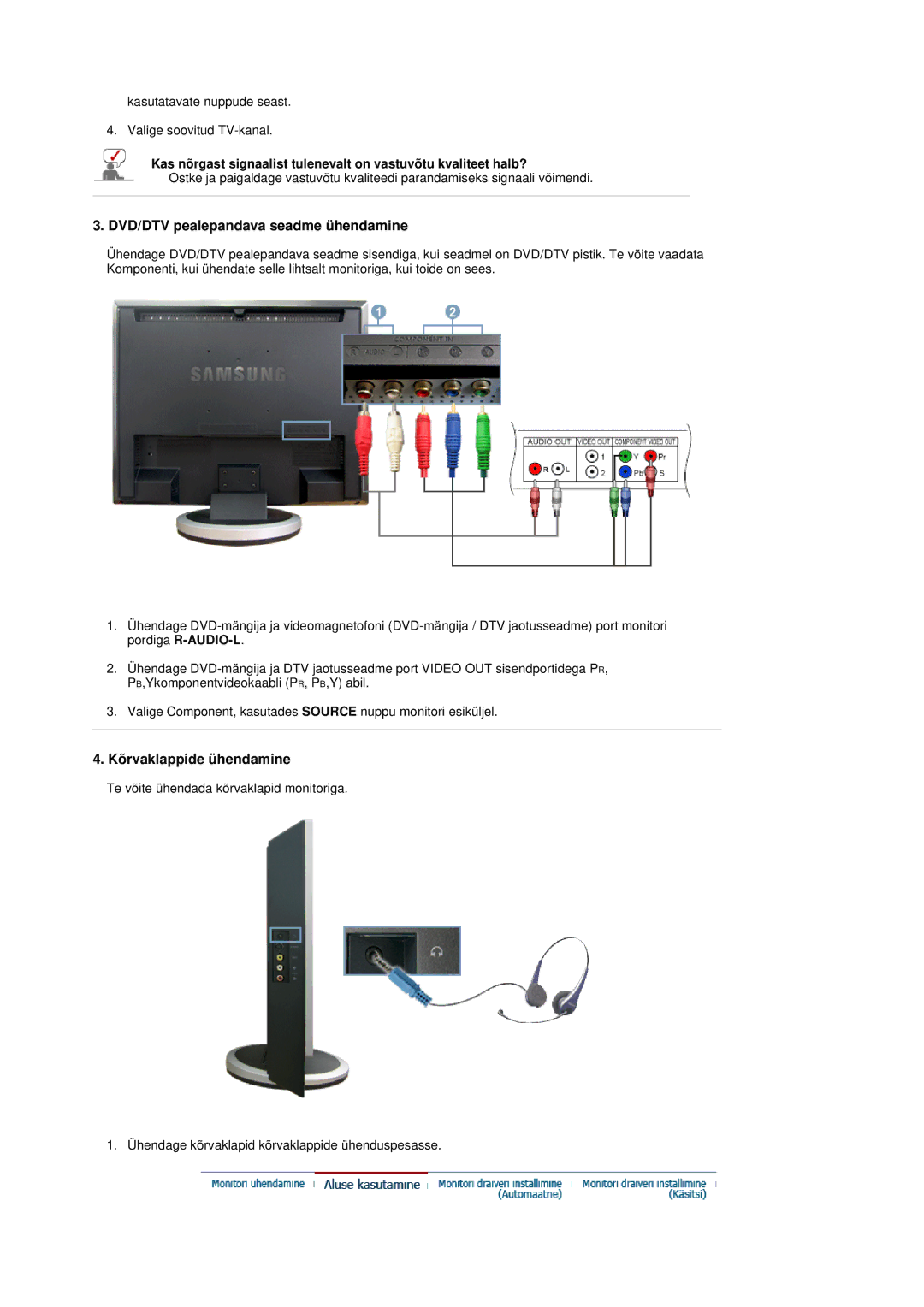 Samsung LS19DOVSS/EDC manual DVD/DTV pealepandava seadme ühendamine, Kõrvaklappide ühendamine 