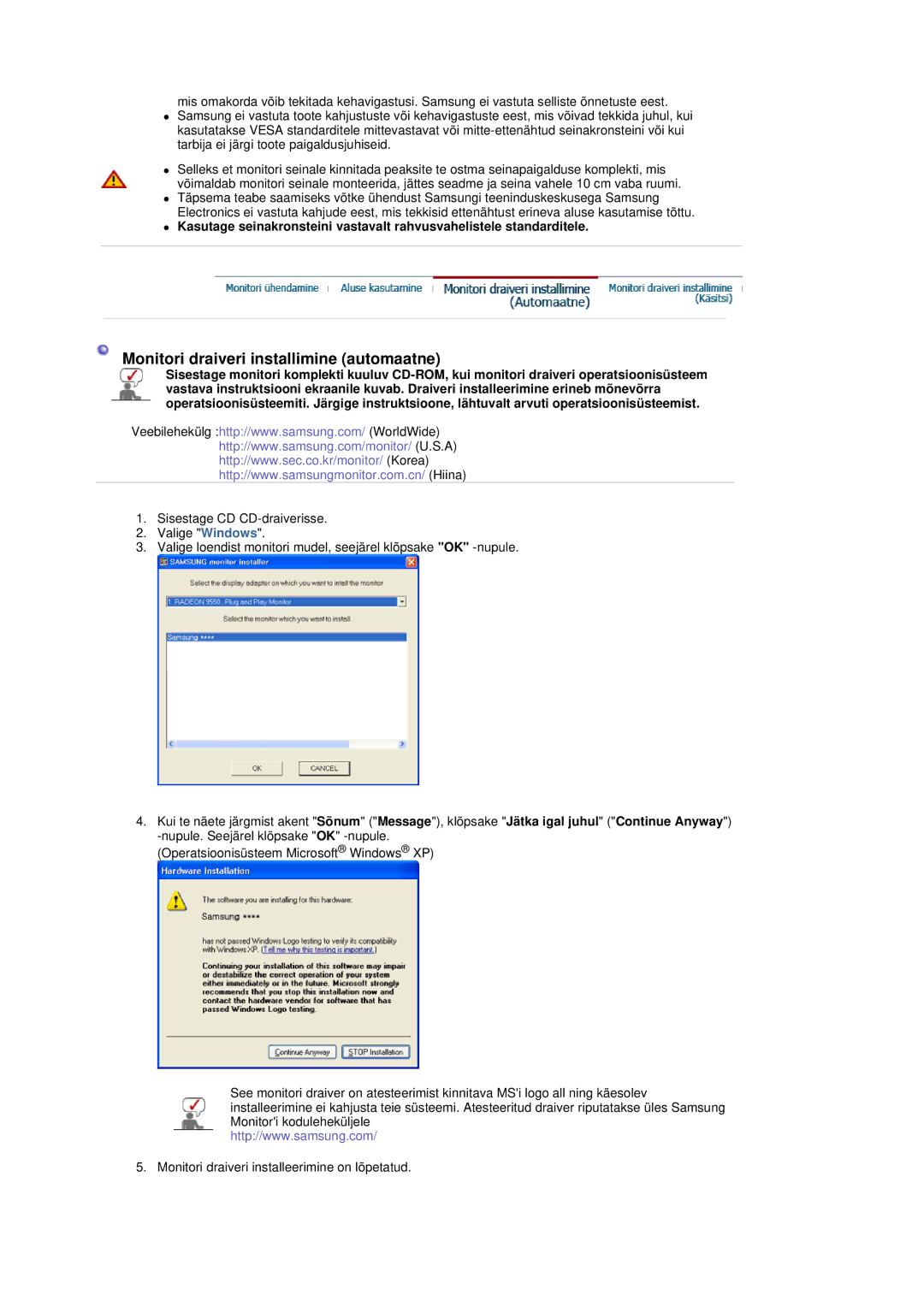 Samsung LS19DOVSS/EDC manual Monitori draiveri installimine automaatne 