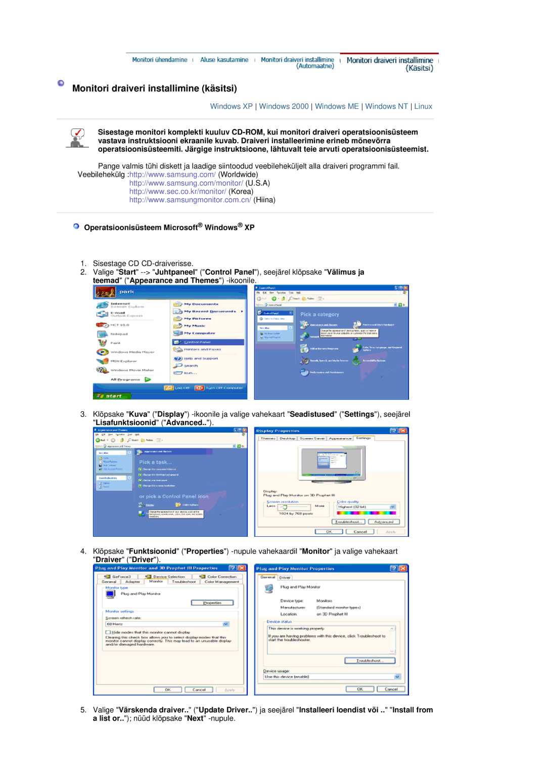 Samsung LS19DOVSS/EDC manual Monitori draiveri installimine käsitsi, Operatsioonisüsteem Microsoft Windows XP 