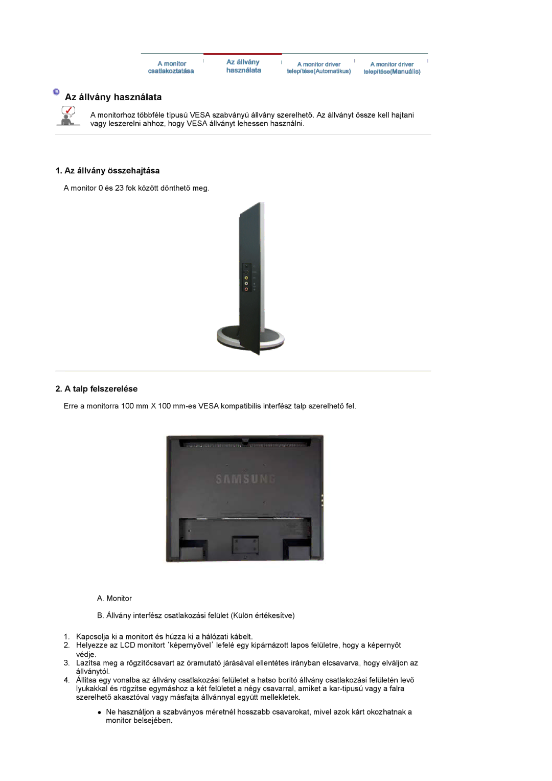 Samsung LS19DOVSSY/EDC, LS19DOVSSK/EDC, LS19DOVSS/EDC manual Az állvány összehajtása, Talp felszerelése 