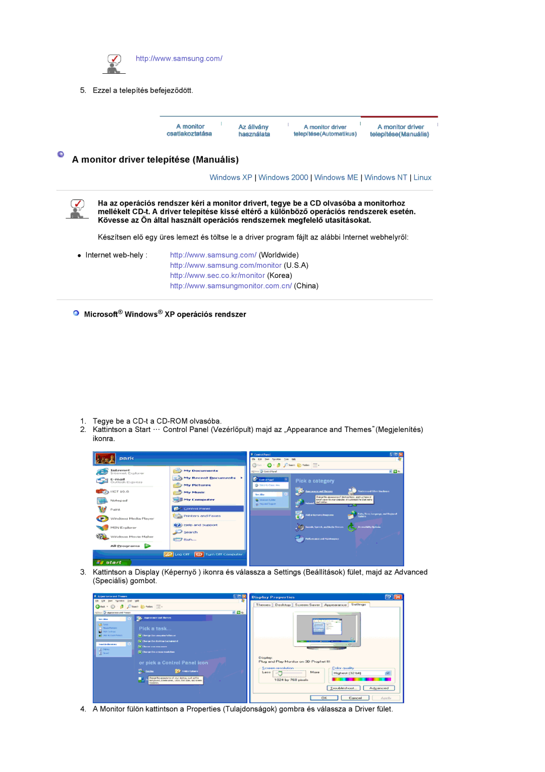 Samsung LS19DOVSS/EDC, LS19DOVSSK/EDC manual Monitor driver telepítése Manuális, Microsoft Windows XP operációs rendszer 