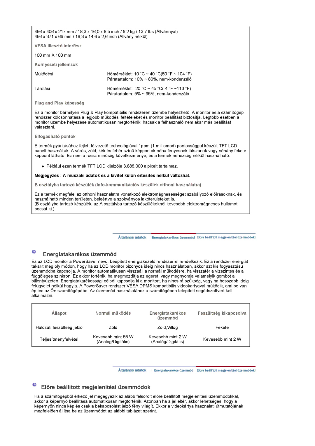 Samsung LS19DOVSSY/EDC manual Vesa illesztő interfész, Környezeti jellemzök, Plug and Play képesség, Elfogadható pontok 