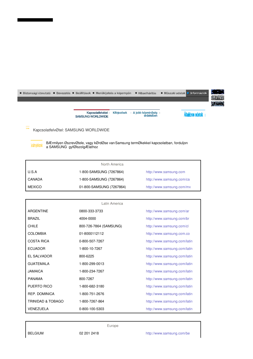 Samsung LS19DOVSS/EDC, LS19DOVSSK/EDC manual Kapcsolatfelvétel Samsung Worldwide, North America, Latin America, Europe 