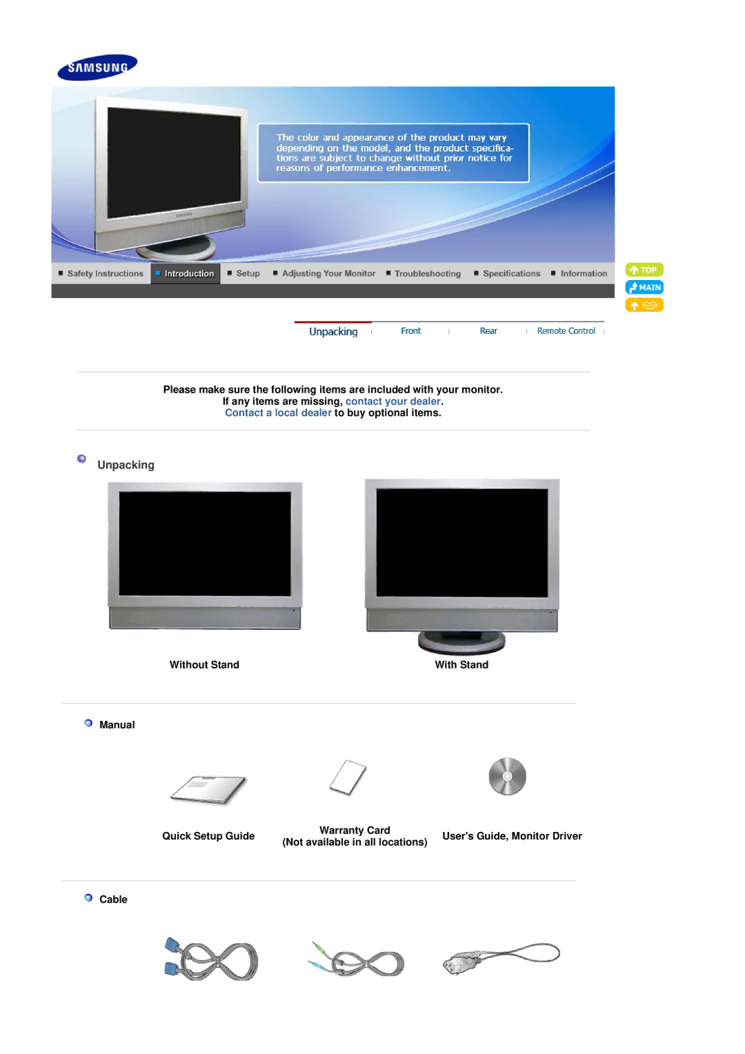 Samsung LS19DOVSS/EDC, LS19DOVSSK/EDC, LS19DOVSSZ/EDC manual Unpacking, Without Stand, Manual Quick Setup Guide, Cable 