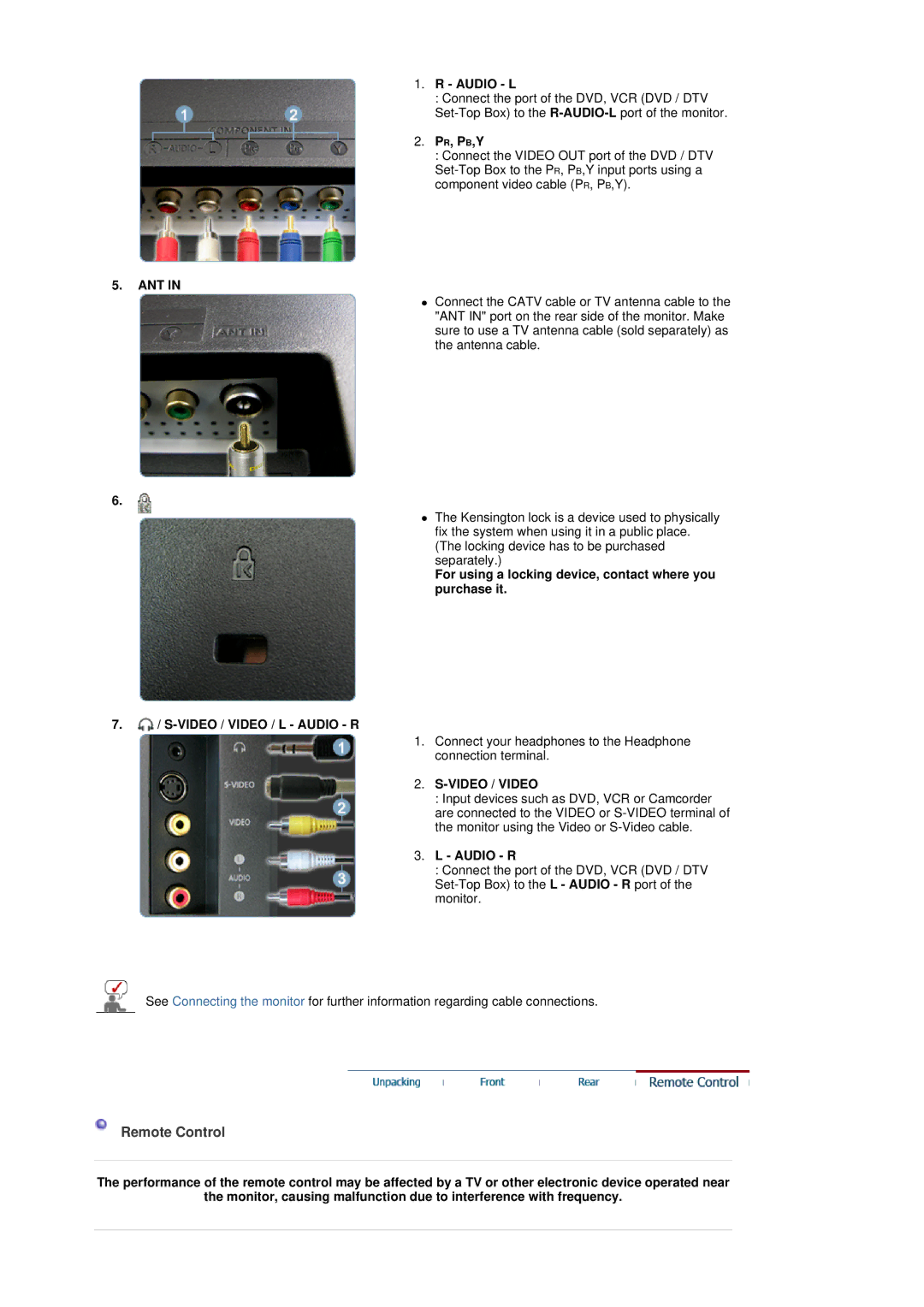 Samsung LS19DOVSSK/EDC, LS19DOVSS/EDC, LS19DOVSSZ/EDC, LS19DOVSS6/EDC, LS19DOVSSY/EDC manual Remote Control, Ant, Video / Video 