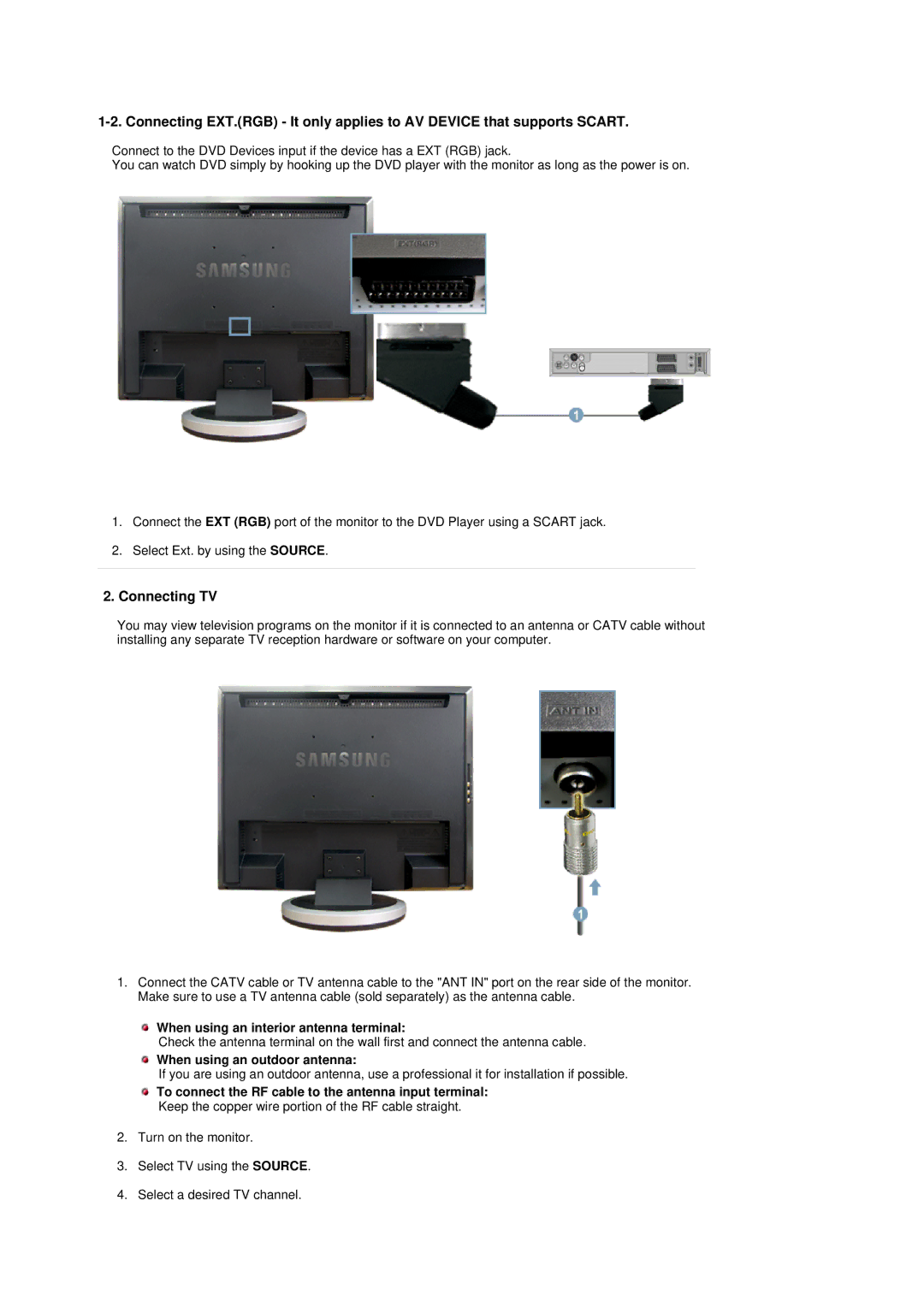 Samsung LS19DOVSS/EDC manual Connecting TV, When using an interior antenna terminal, When using an outdoor antenna 