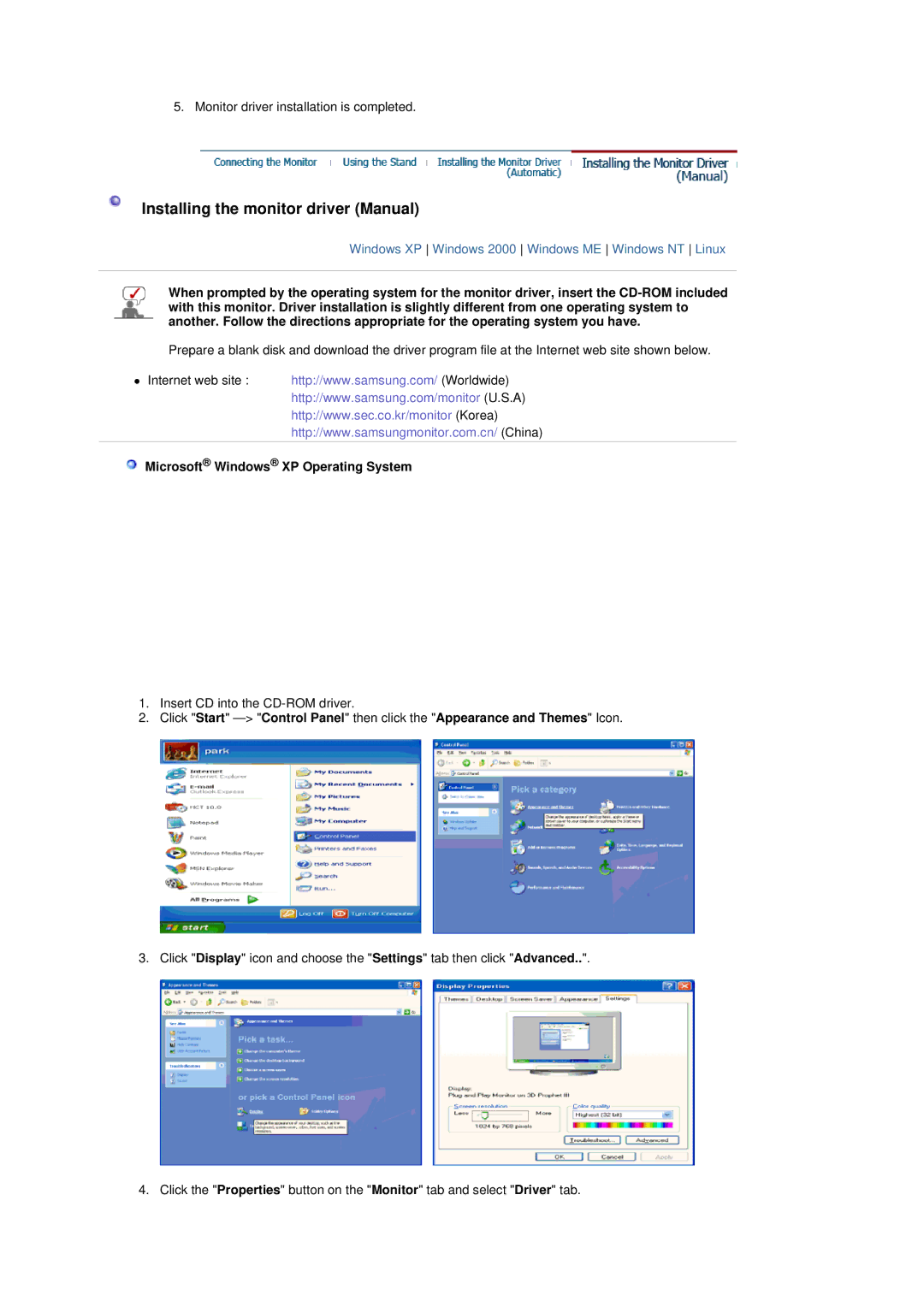 Samsung LS19DOVSSK/EDC, LS19DOVSS/EDC manual Installing the monitor driver Manual, Microsoft Windows XP Operating System 