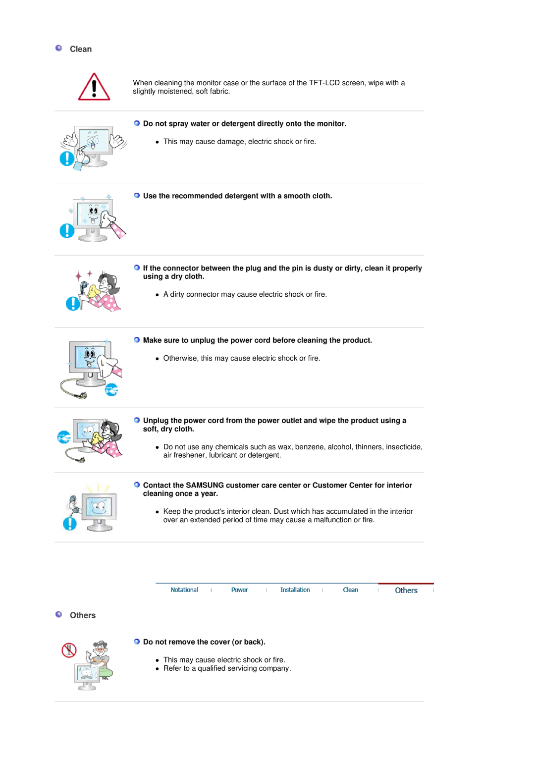 Samsung LS19DOVSS/EDC, LS19DOVSSK/EDC manual Clean, Others, Do not spray water or detergent directly onto the monitor 