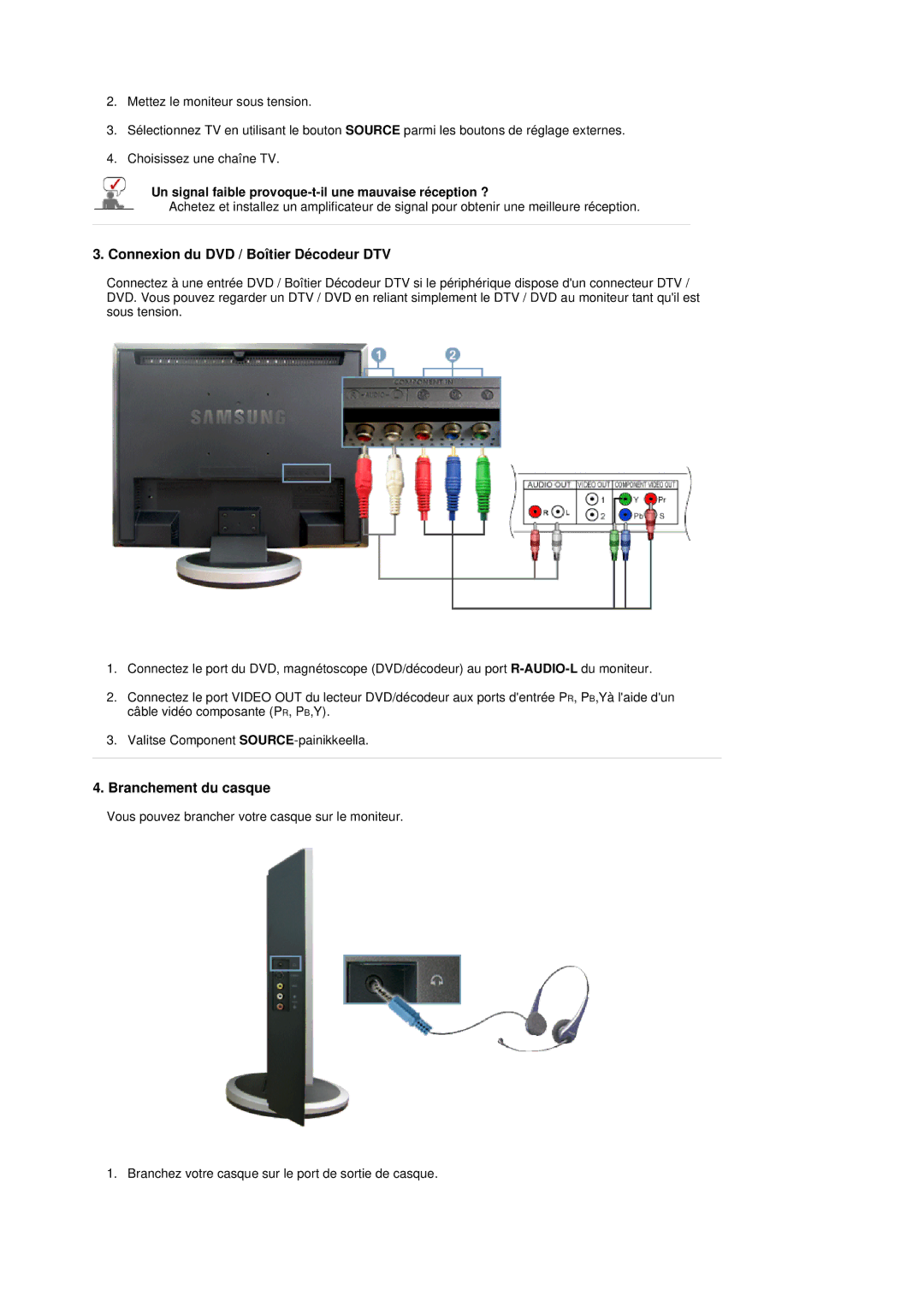 Samsung LS19DOVSSK/EDC, LS19DOVSS/EDC manual Connexion du DVD / Boîtier Décodeur DTV, Branchement du casque 