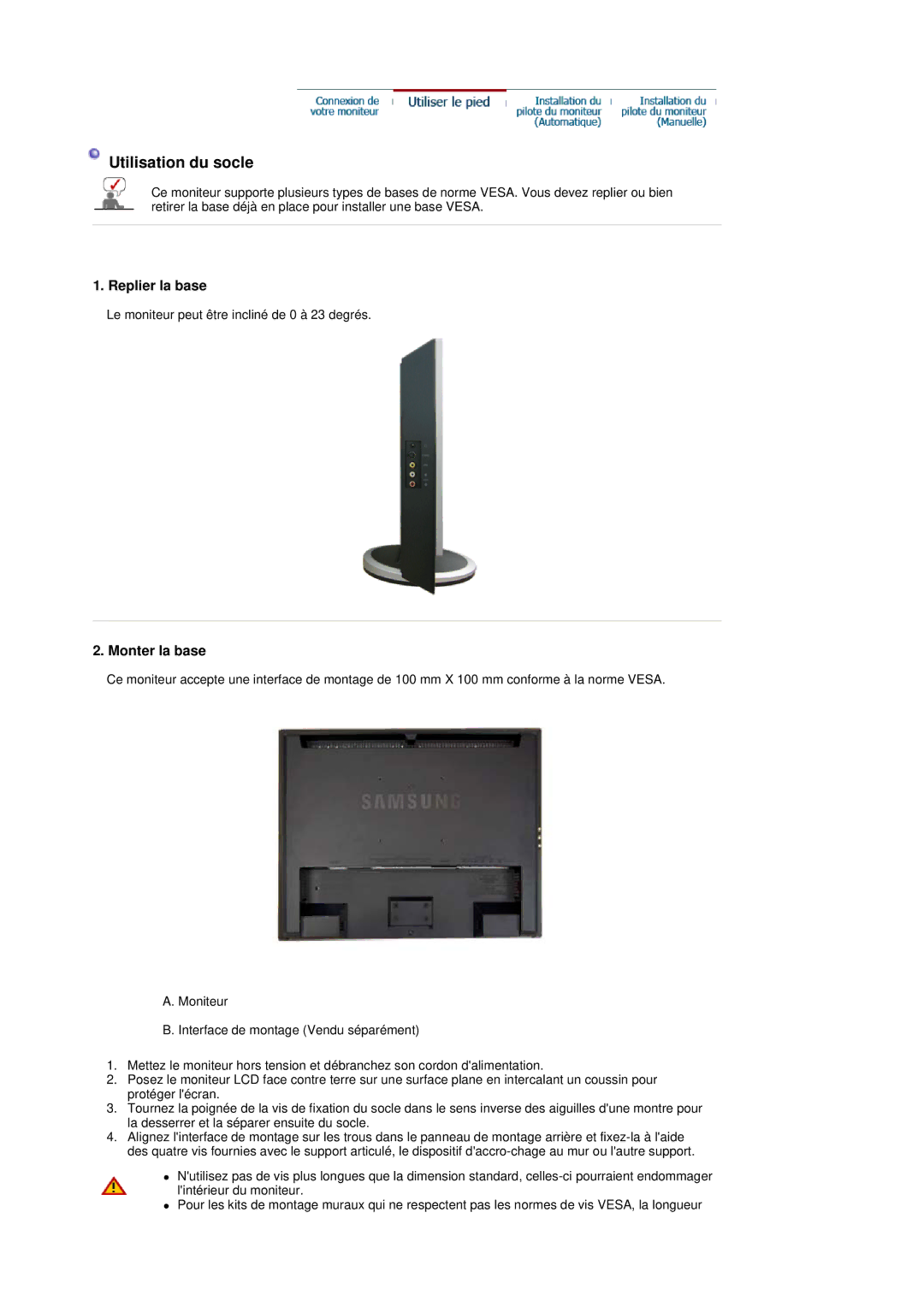 Samsung LS19DOVSS/EDC, LS19DOVSSK/EDC manual Replier la base, Monter la base 