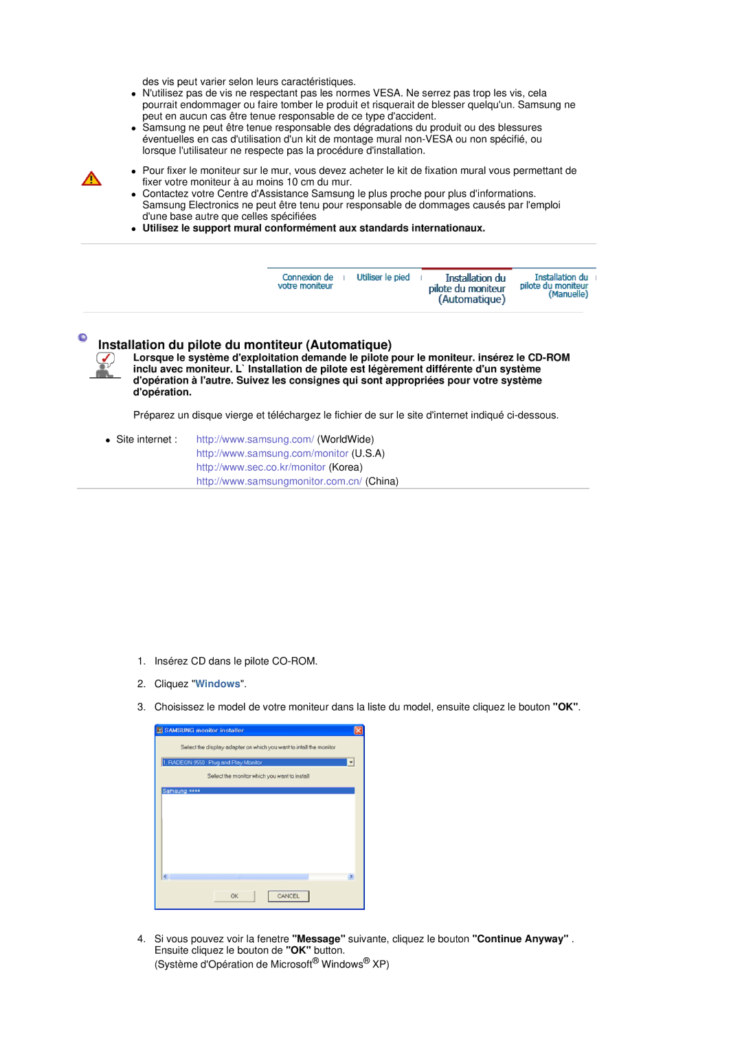 Samsung LS19DOVSSK/EDC, LS19DOVSS/EDC manual Installation du pilote du montiteur Automatique 