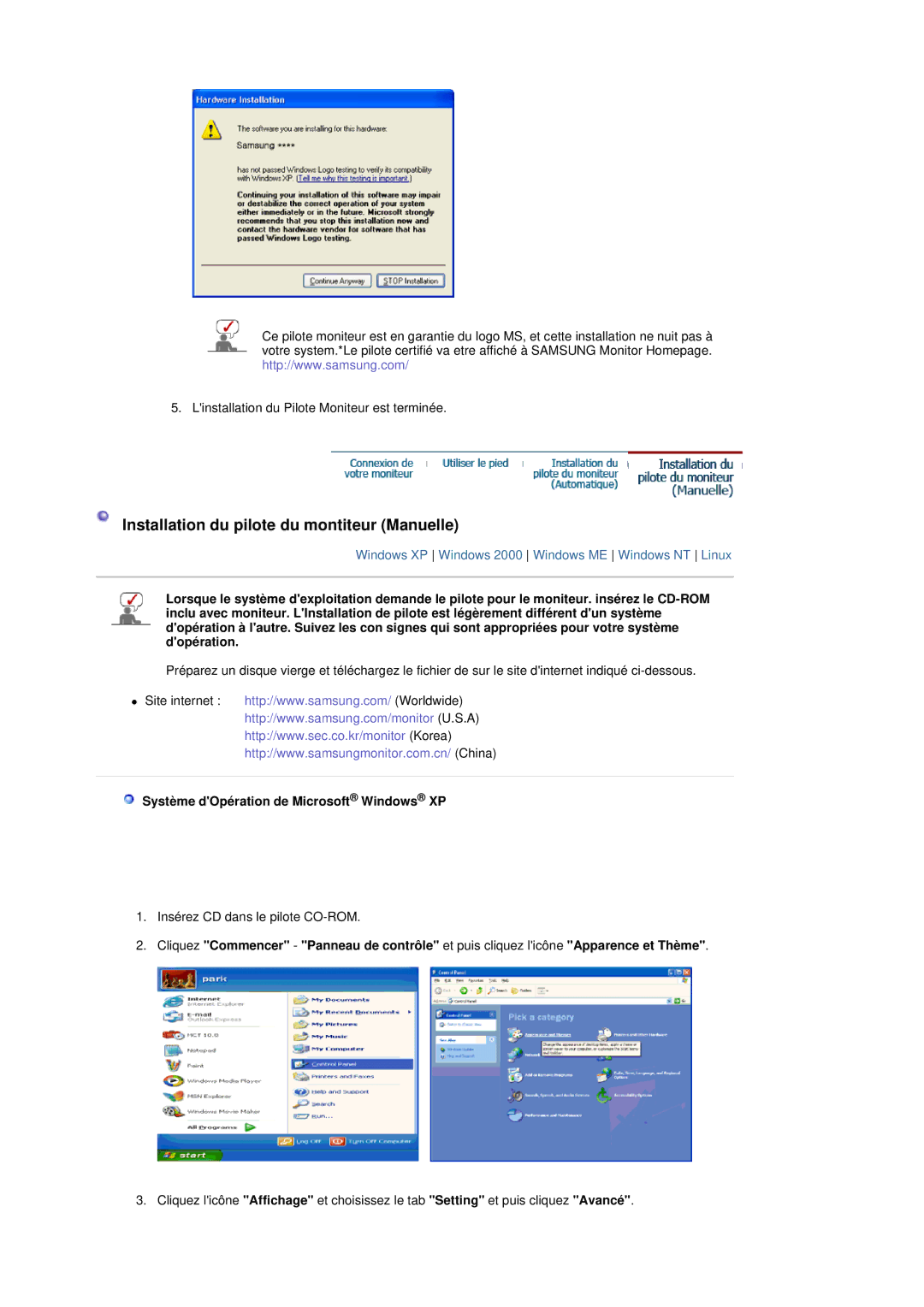 Samsung LS19DOVSS/EDC manual Installation du pilote du montiteur Manuelle, Système dOpération de Microsoft Windows XP 