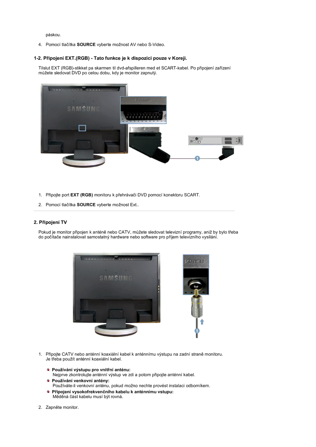 Samsung LS19DOVSS/EDC Připojení EXT.RGB Tato funkce je k dispozici pouze v Koreji, Připojení TV, Používání venkovní antény 