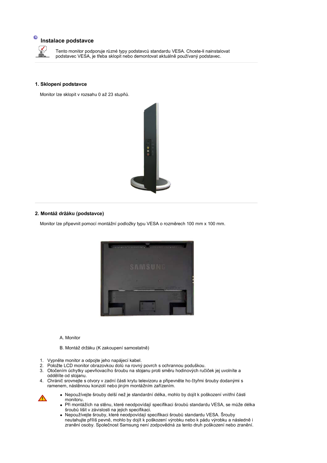 Samsung LS19DOVSS/EDC, LS19DOVSSK/EDC manual Sklopení podstavce, Montáž držáku podstavce 