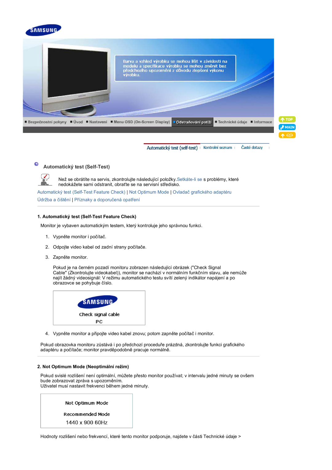 Samsung LS19DOVSSK/EDC, LS19DOVSS/EDC Automatický test Self-Test Feature Check, Not Optimum Mode Neoptimální režim 