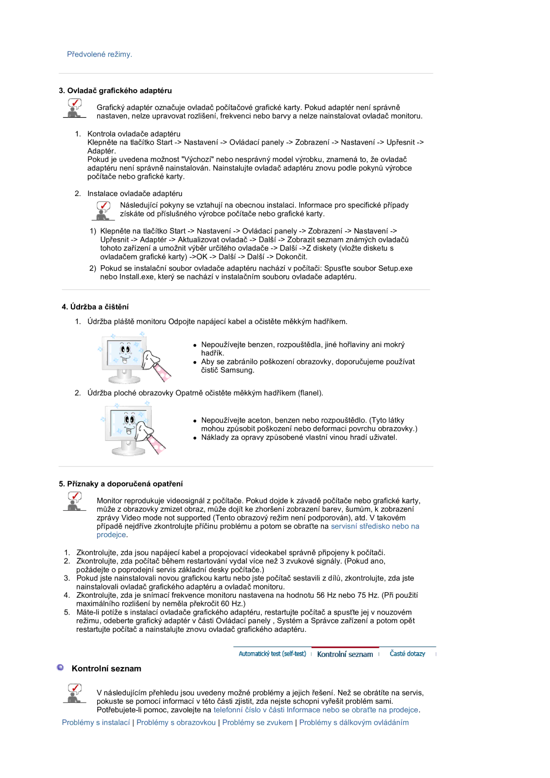 Samsung LS19DOVSS/EDC Kontrolní seznam, Ovladač grafického adaptéru, Údržba a čištění, Příznaky a doporučená opatření 
