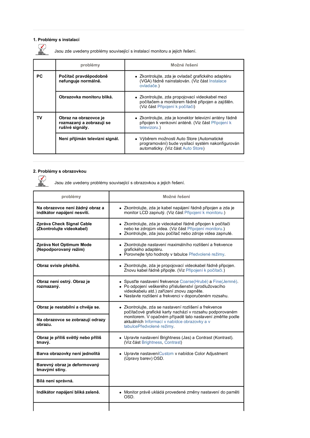 Samsung LS19DOVSSK/EDC, LS19DOVSS/EDC manual Problémy Možné řešení 