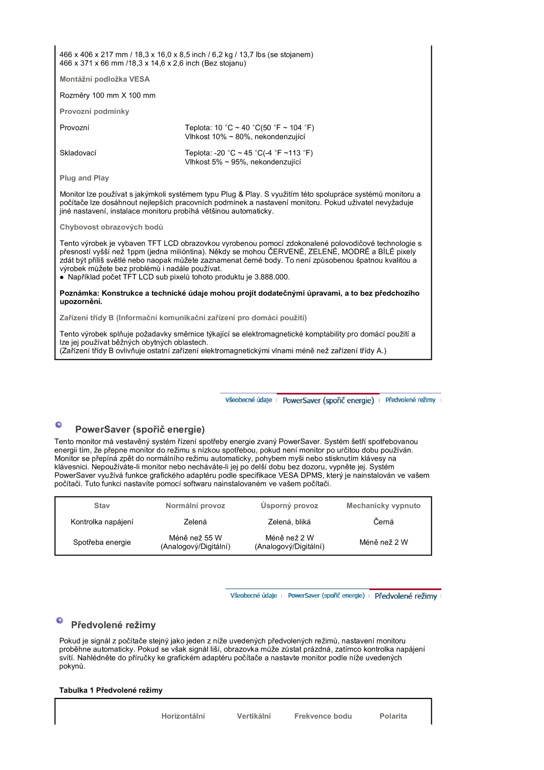 Samsung LS19DOVSSK/EDC manual Montážní podložka Vesa, Provozní podmínky, Plug and Play, Chybovost obrazových bodů, Stav 