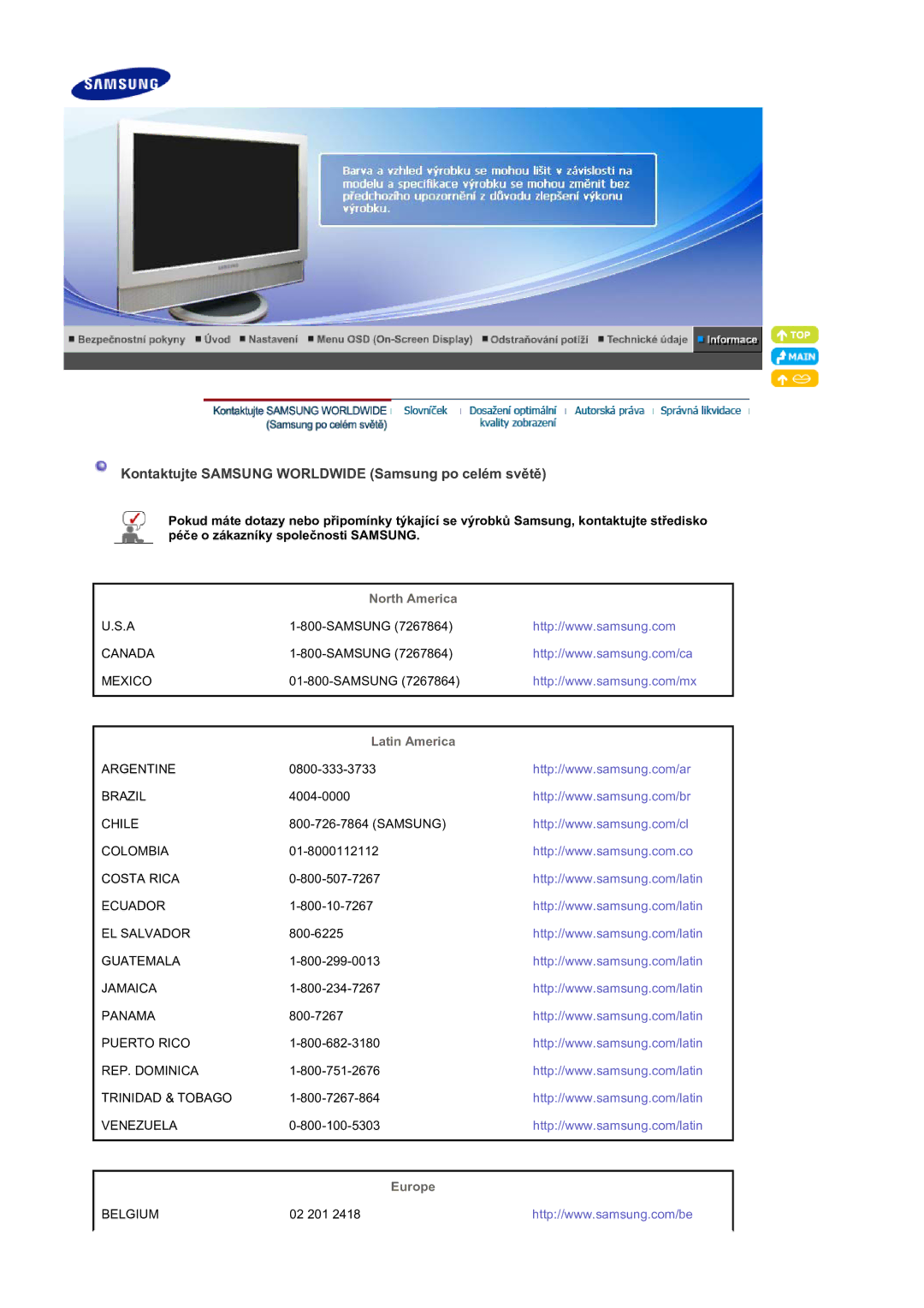 Samsung LS19DOVSS/EDC manual Kontaktujte Samsung Worldwide Samsung po celém světě, North America, Latin America, Europe 